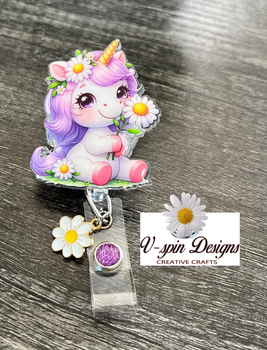Unicorn Holding a Daisy Badge Reel | Retractable Acrylic ID Holder
