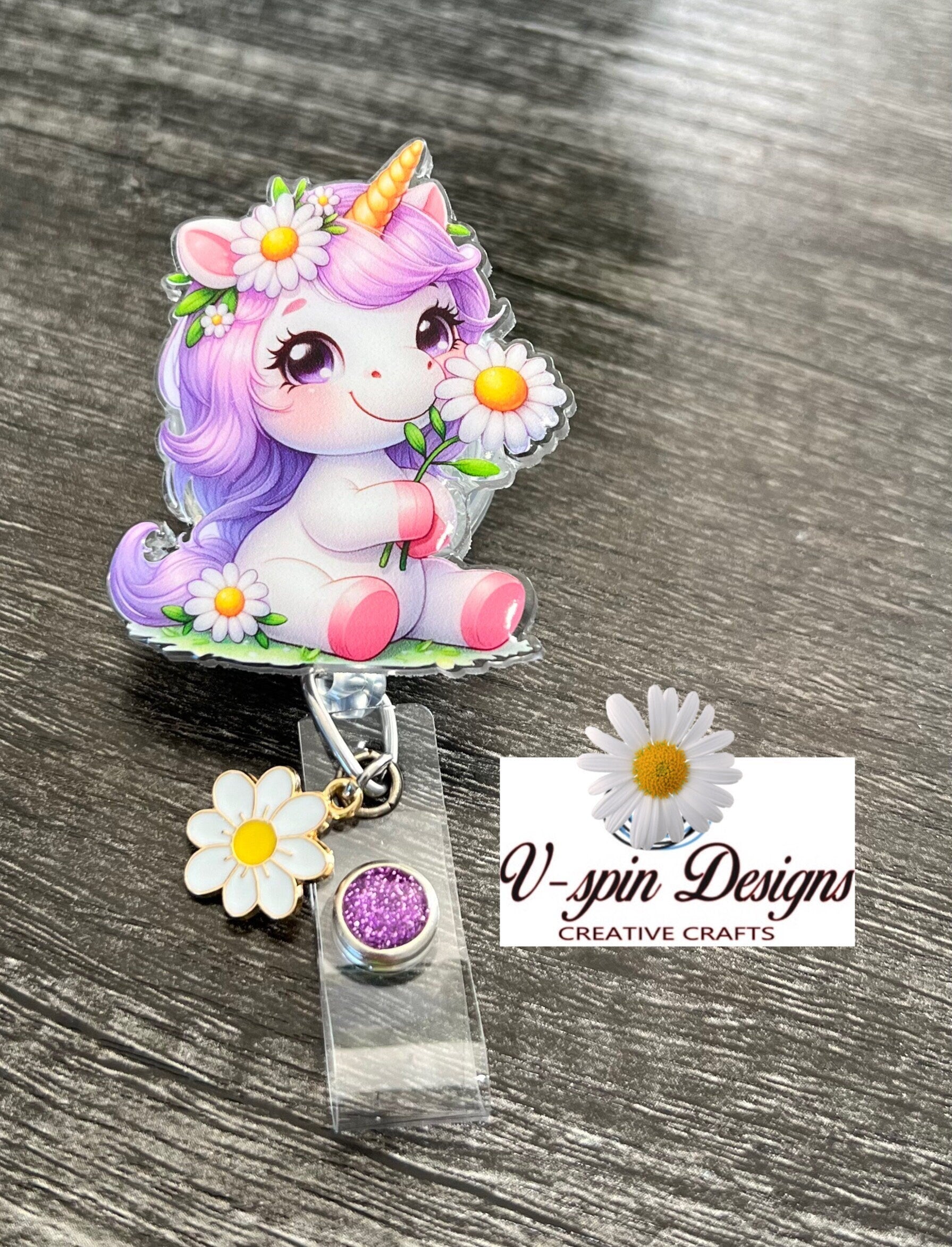 Unicorn Holding a Daisy Badge Reel | Retractable Acrylic ID Holder