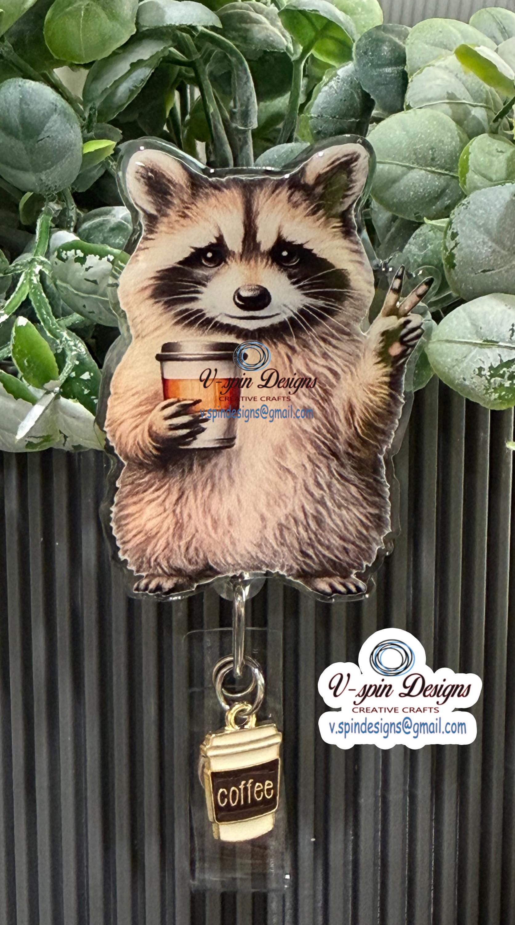 Funny Coffee and Peace Raccoon Badge reel/ID Holder card holder/nurse badge reels/teachers/racoon badge reels/gift for nurses