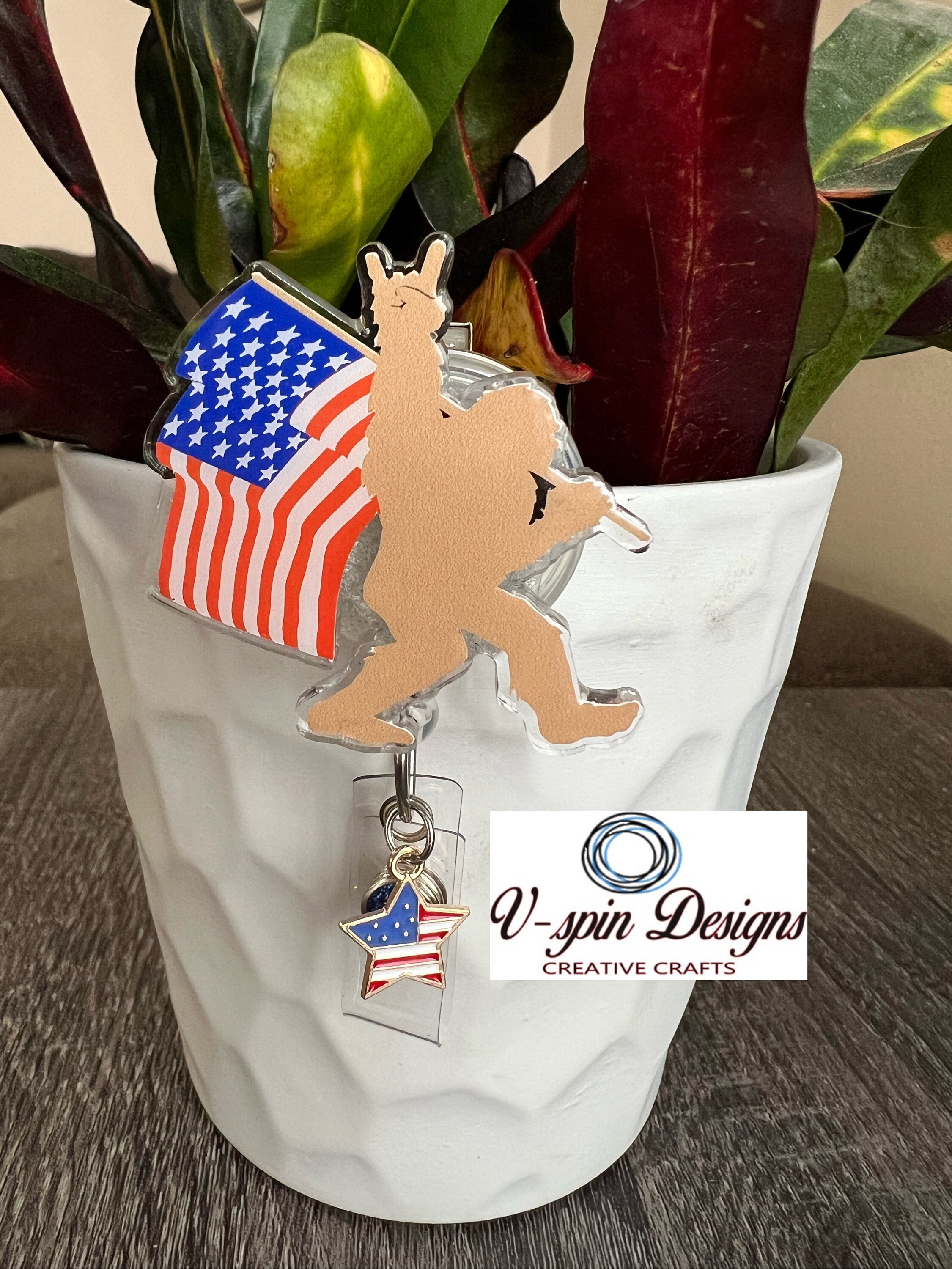 Sasquatch with Flag Badge Reel | Patriotic 4th of July Retractable Acrylic ID Holder