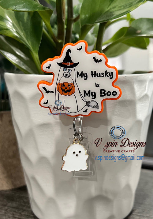 "My Husky Is My Boo" Halloween Badge Reel | Funny Retractable Acrylic ID Holder