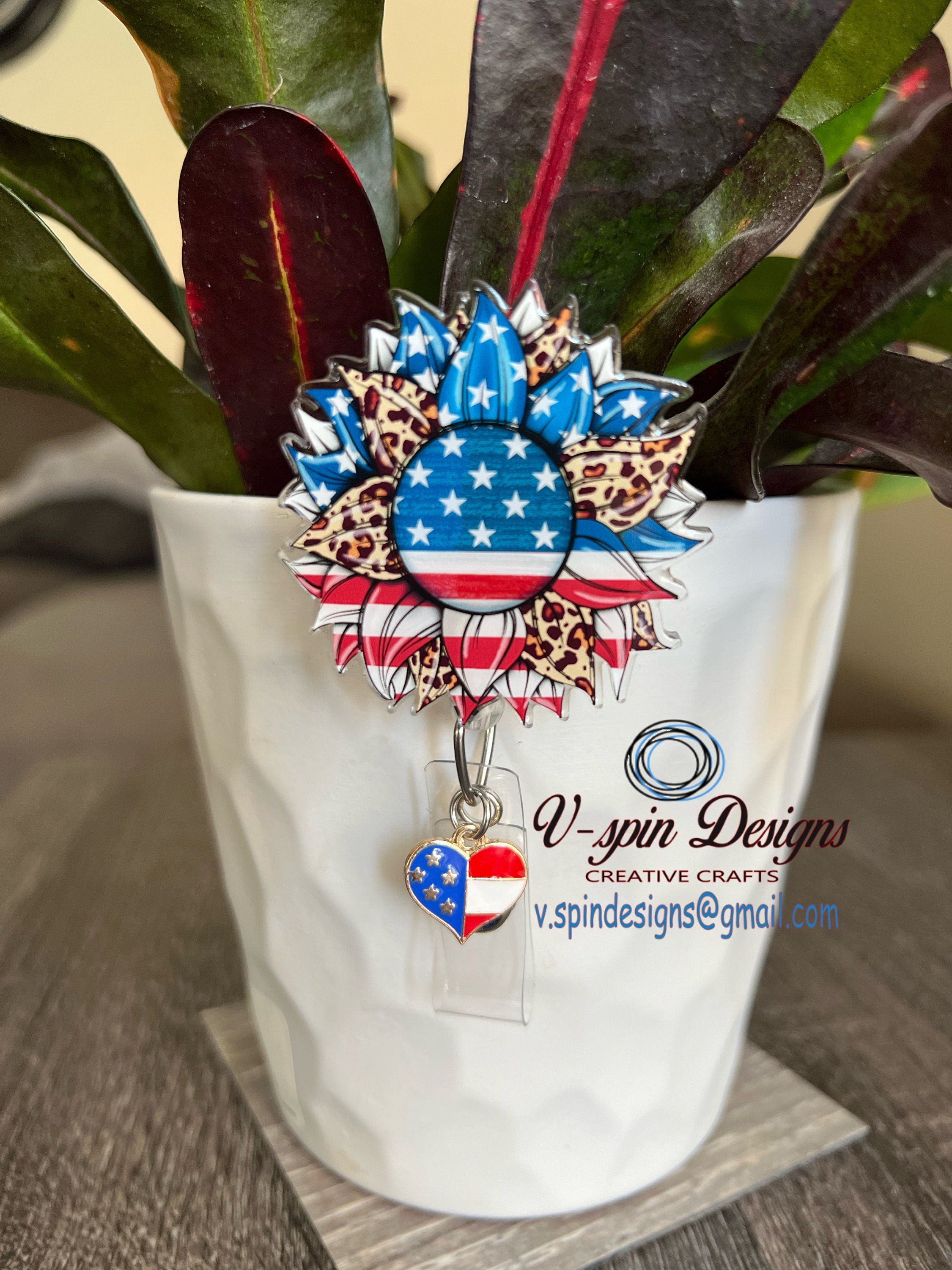 Patriotic Sunflower Badge Reel | 4th of July Retractable Acrylic ID Holder