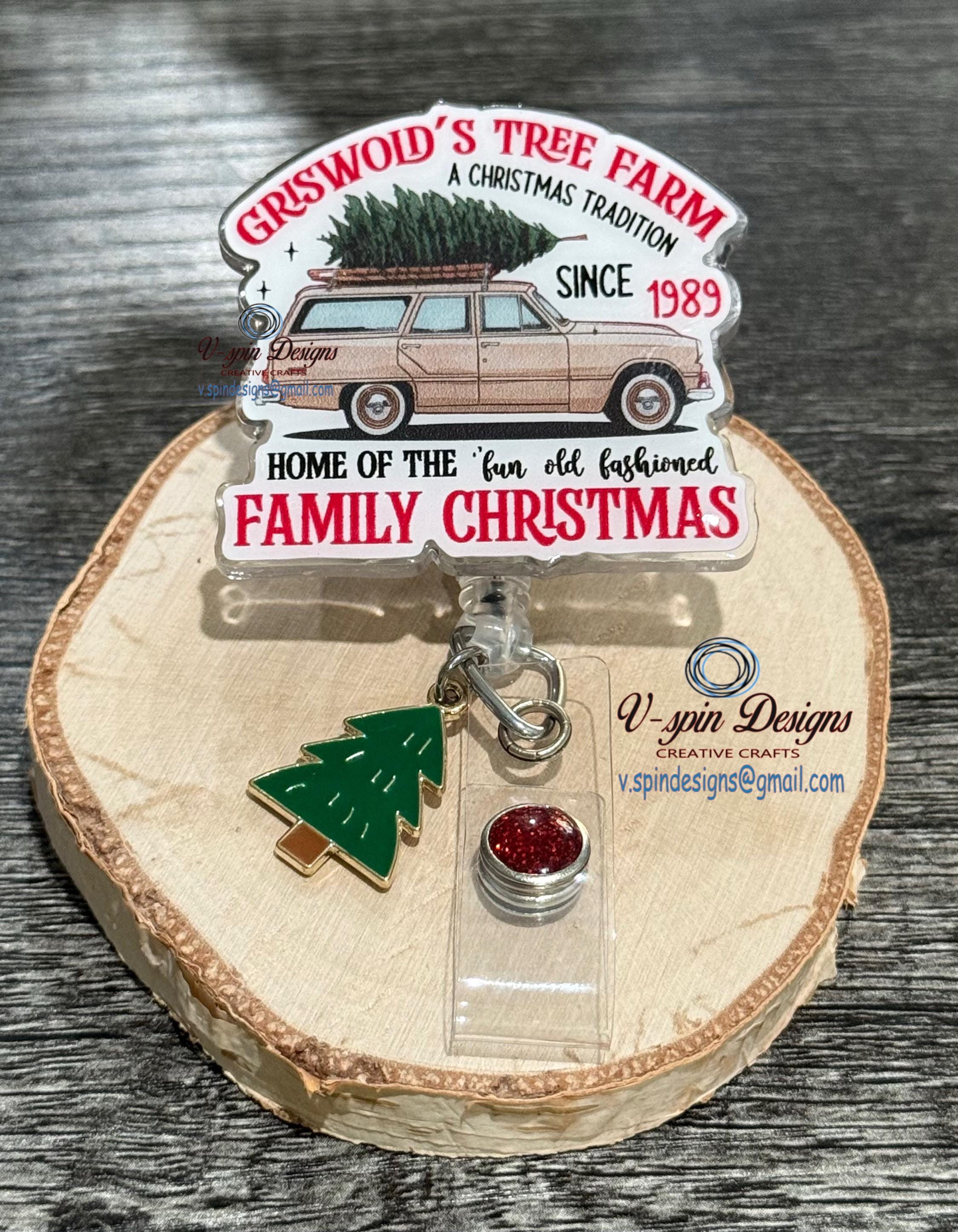 Family Christmas Tree Tradition Badge Reel: Funny Holiday Acrylic ID Holder