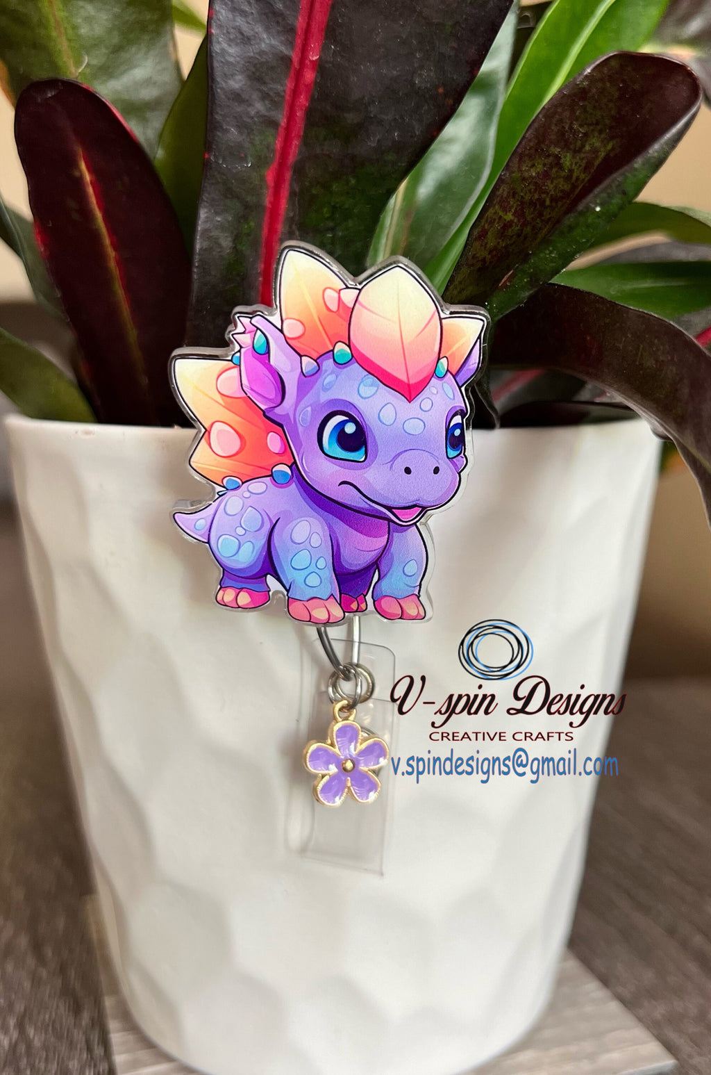 Cute Purple Dinosaur Retractable Badge Reel, ID Holder