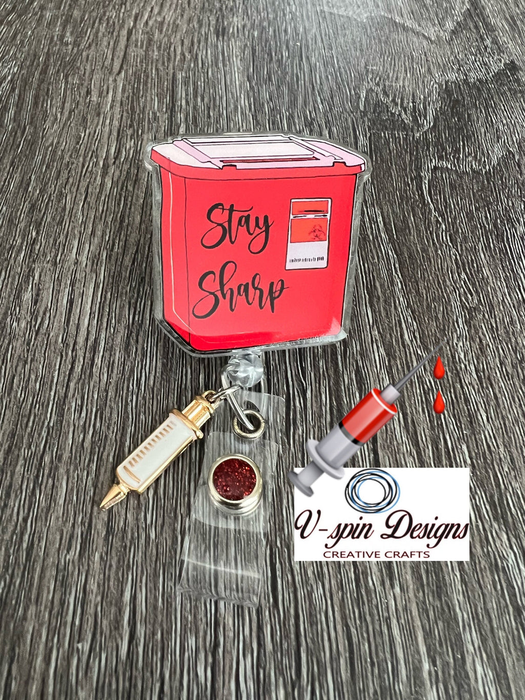 Stay Sharp, Sharps container badge reel, nurse/Phlebotomy/sharps/funny badge reels