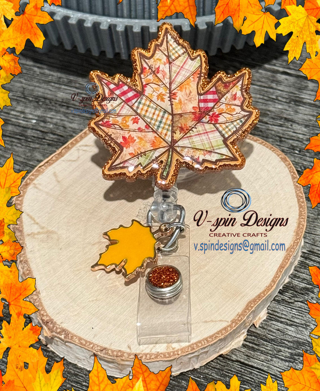 Vintage Patchwork Maple Leaf Badge Reel | Fall Retractable Acrylic ID Holder
