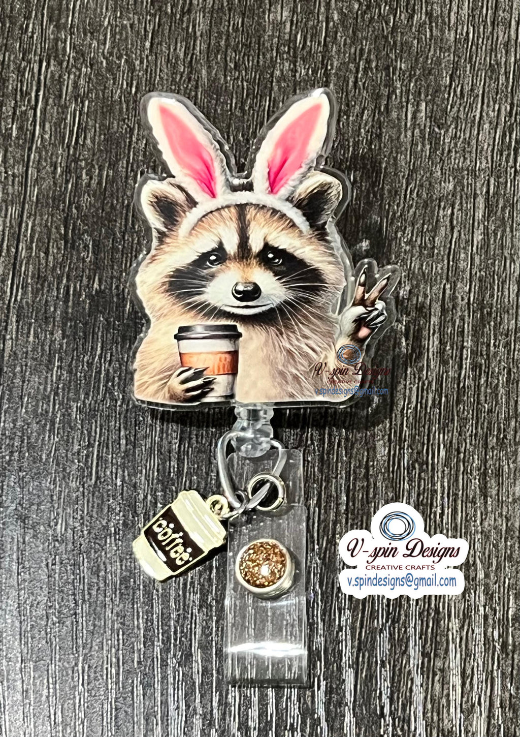 Racoon Bunny Badge reel/ID Holder/card holder/nurse badge reels/Easter Racoon coffee badge reel