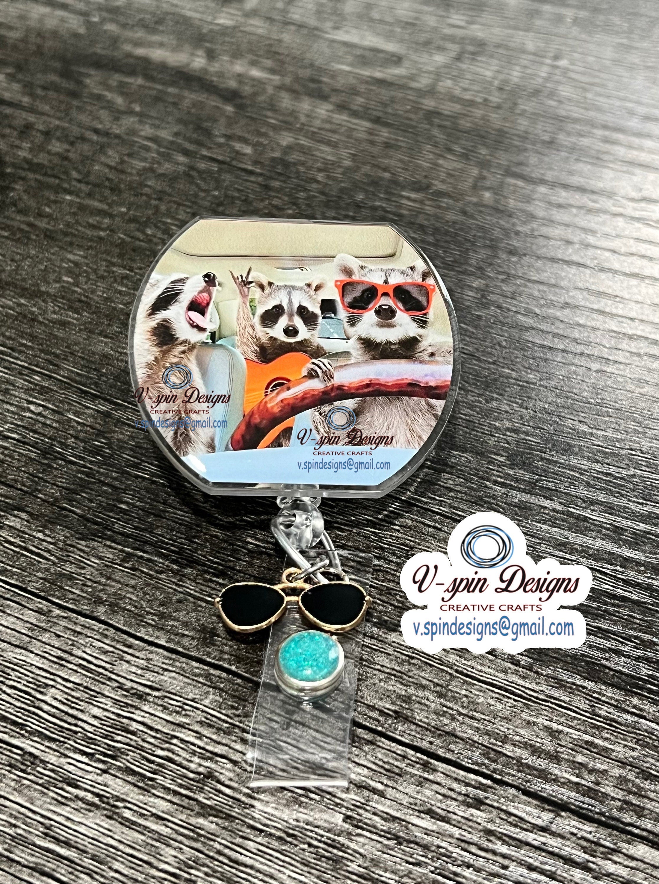Raccoon Road Trip Badge Reel | Funny Retractable Acrylic ID Holder