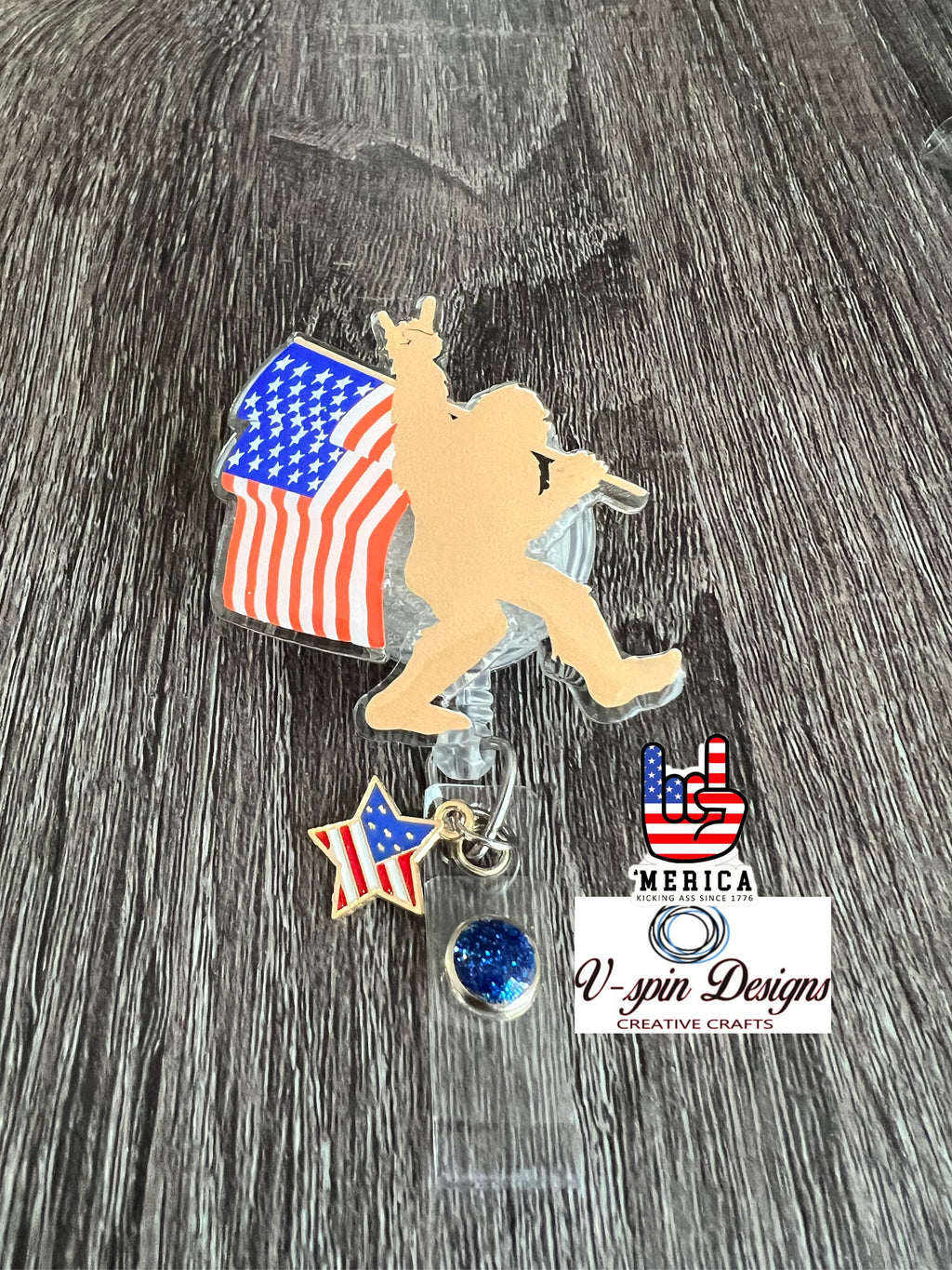 Sasquatch with Flag Badge Reel | Patriotic 4th of July Retractable Acrylic ID Holder