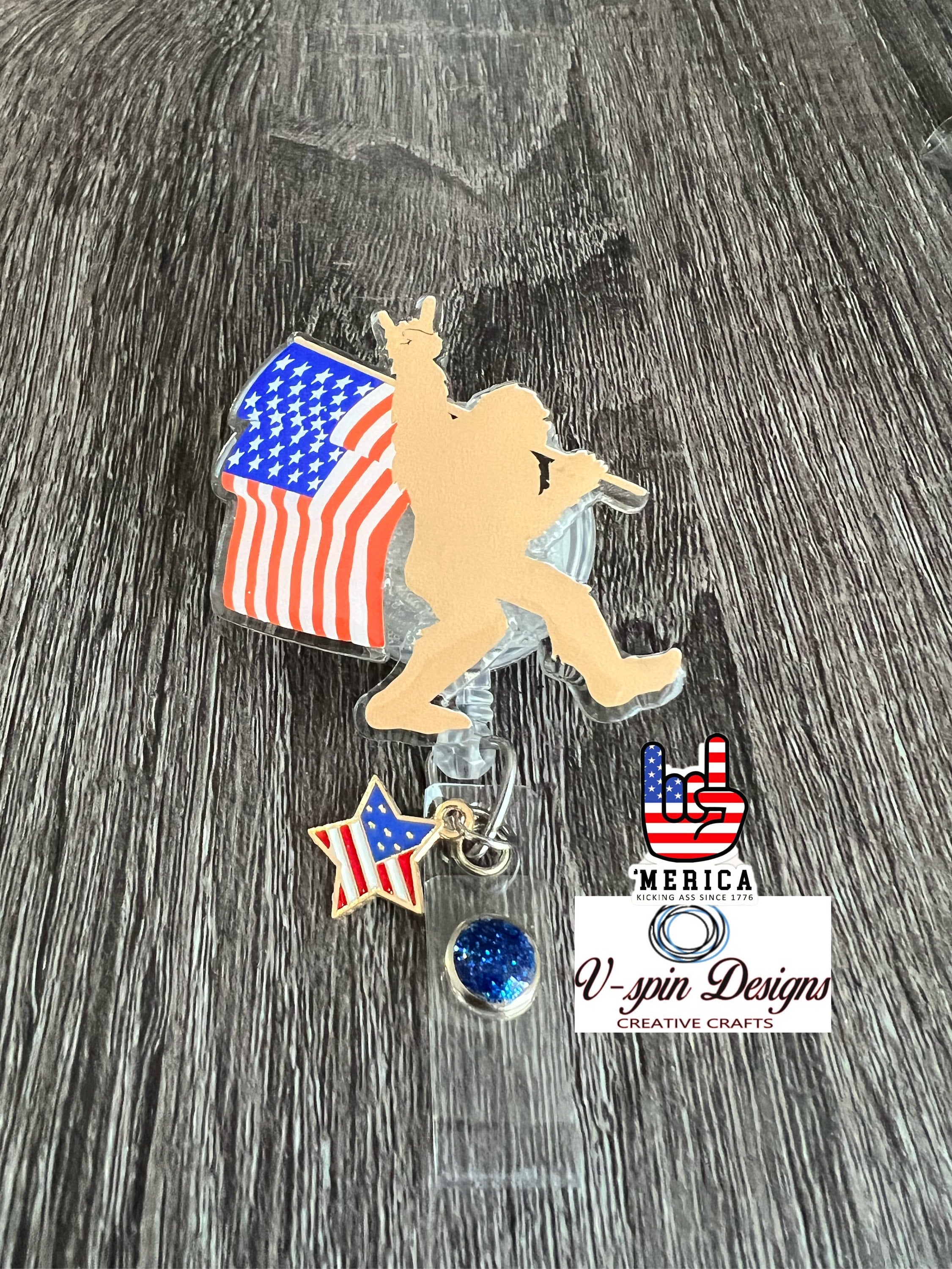 Sasquatch with Flag Badge Reel | Patriotic 4th of July Retractable Acrylic ID Holder