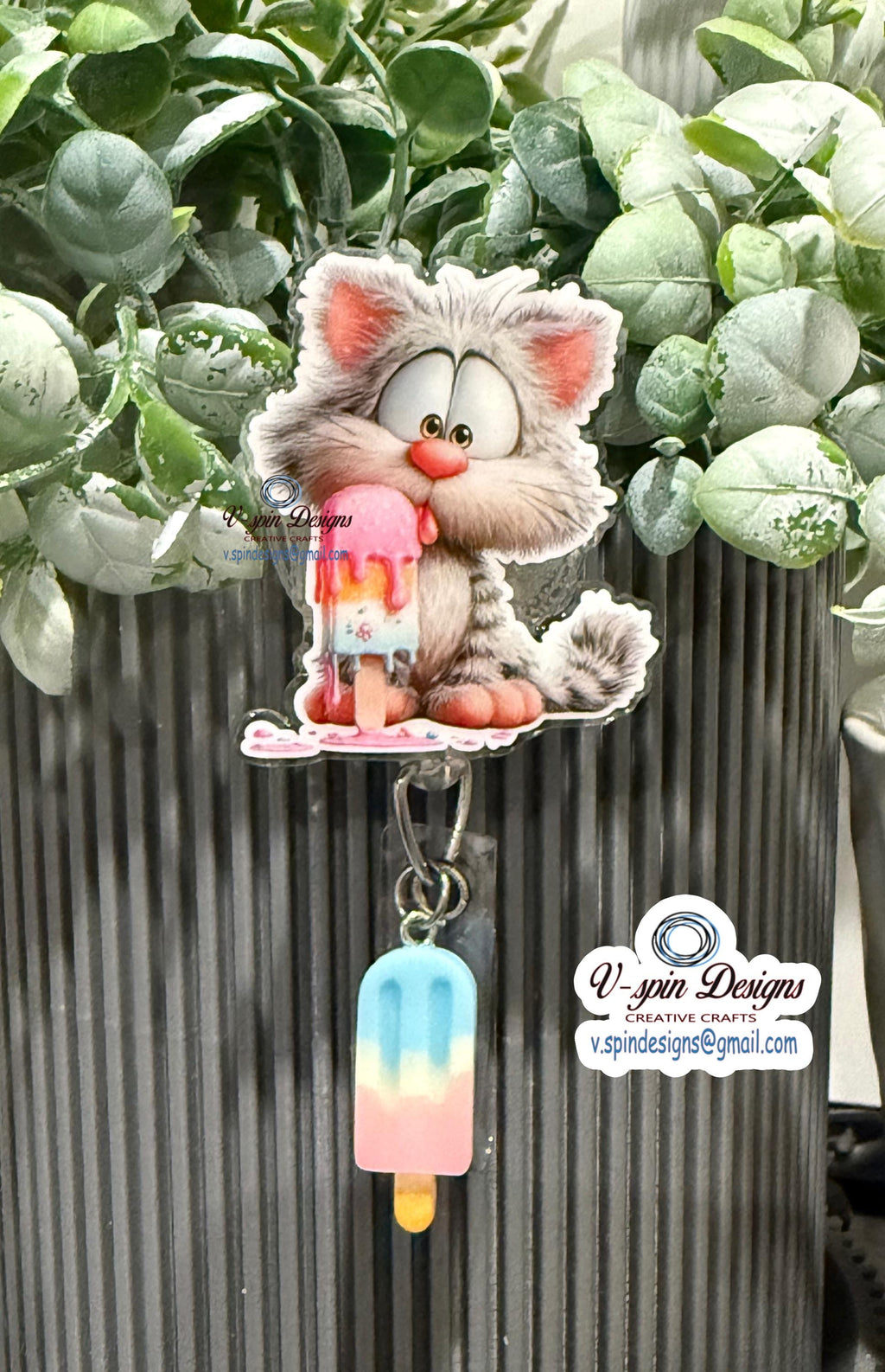 Cute Whimsical Summer Cat Badge Reel | Retractable Acrylic ID Holder