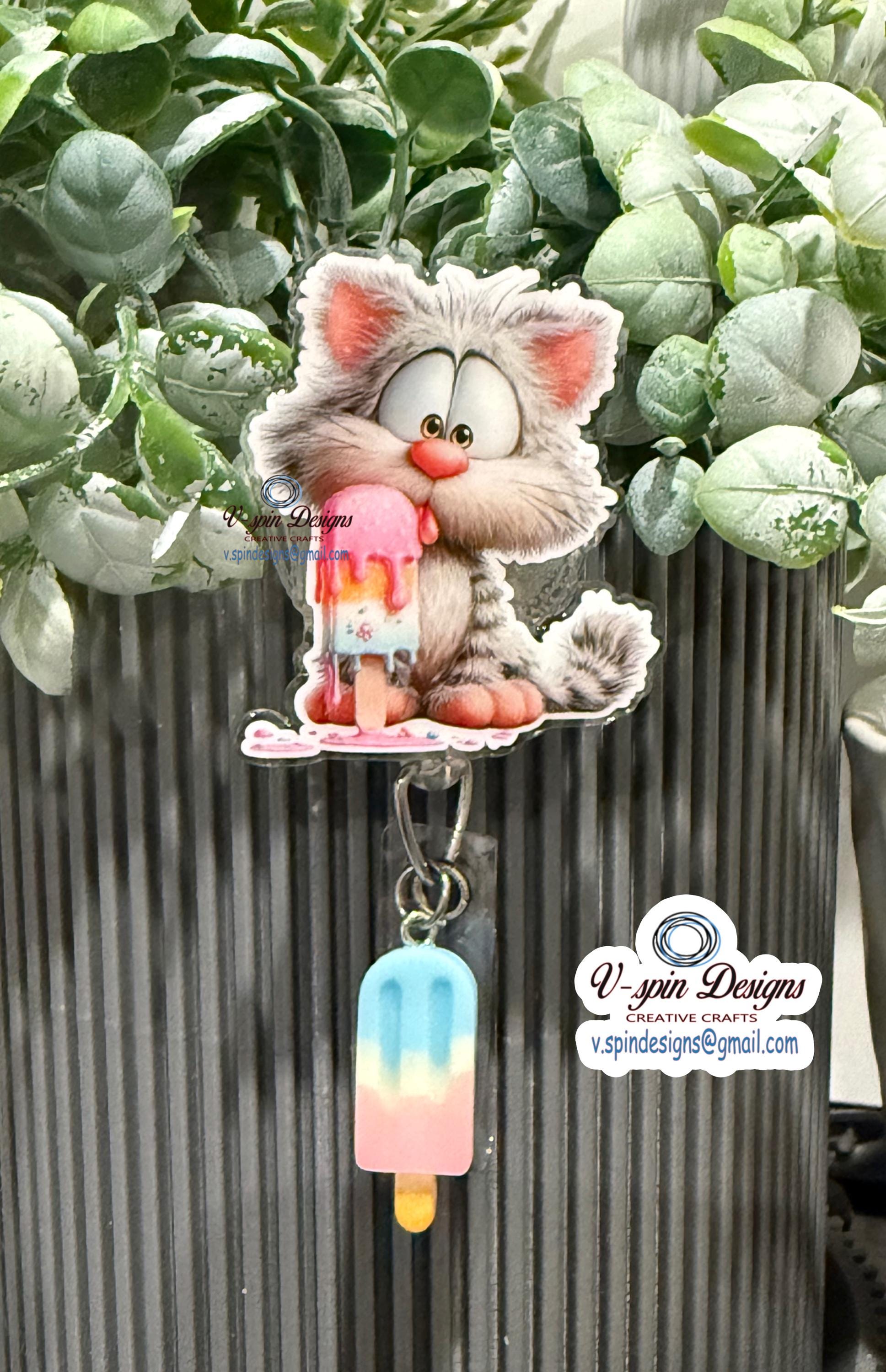 Cute Whimsical Summer Cat Badge Reel | Retractable Acrylic ID Holder