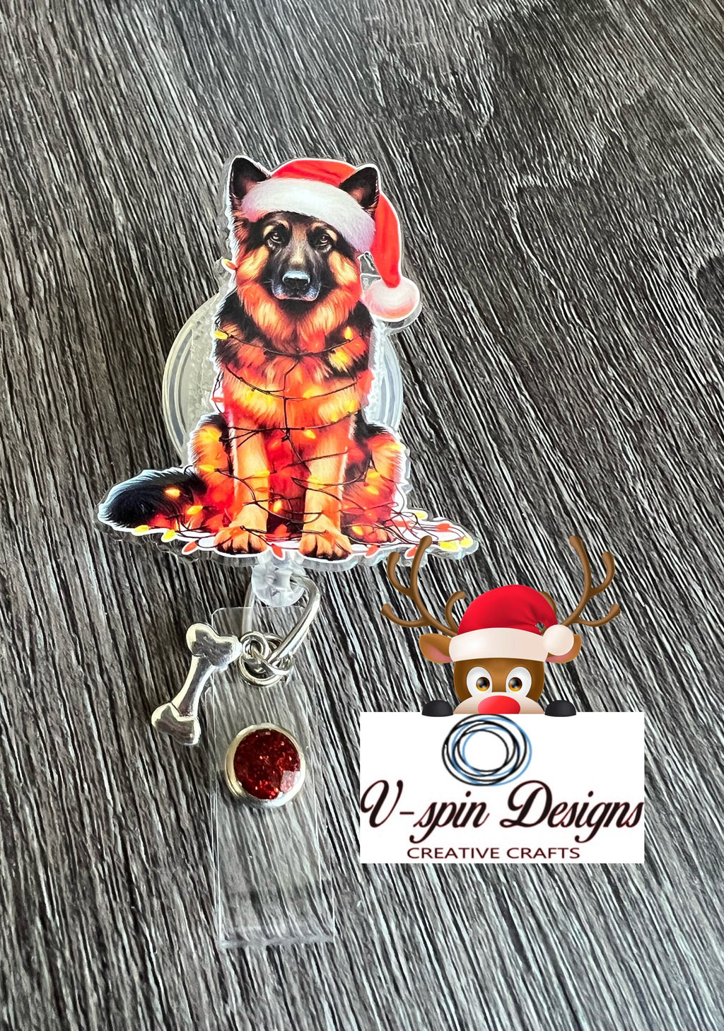 Festive German Shepherd Christmas Badge Reel | Holiday Retractable Acrylic ID Holder
