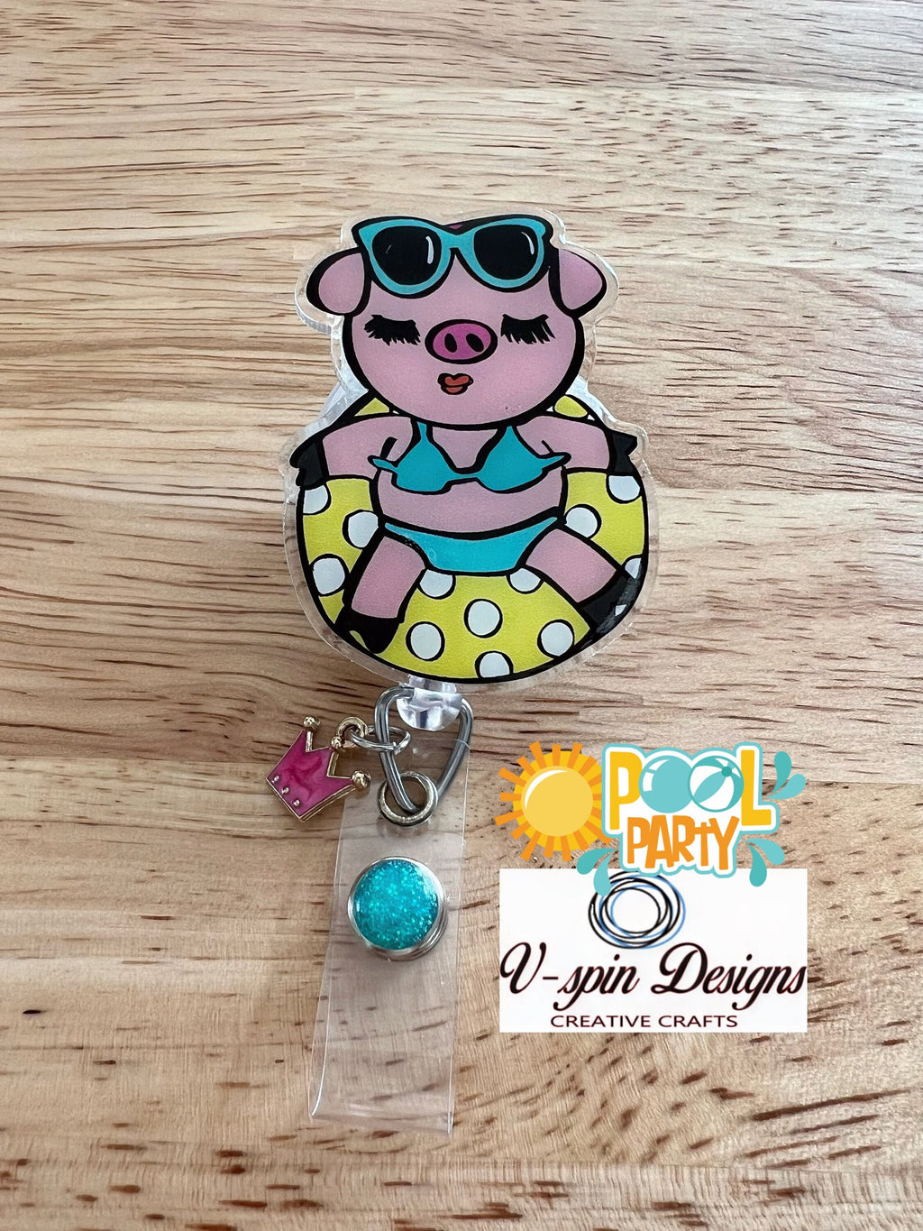 Summertime Piggy on a Pool Float Badge Reel | Summer Retractable Acrylic ID Holder