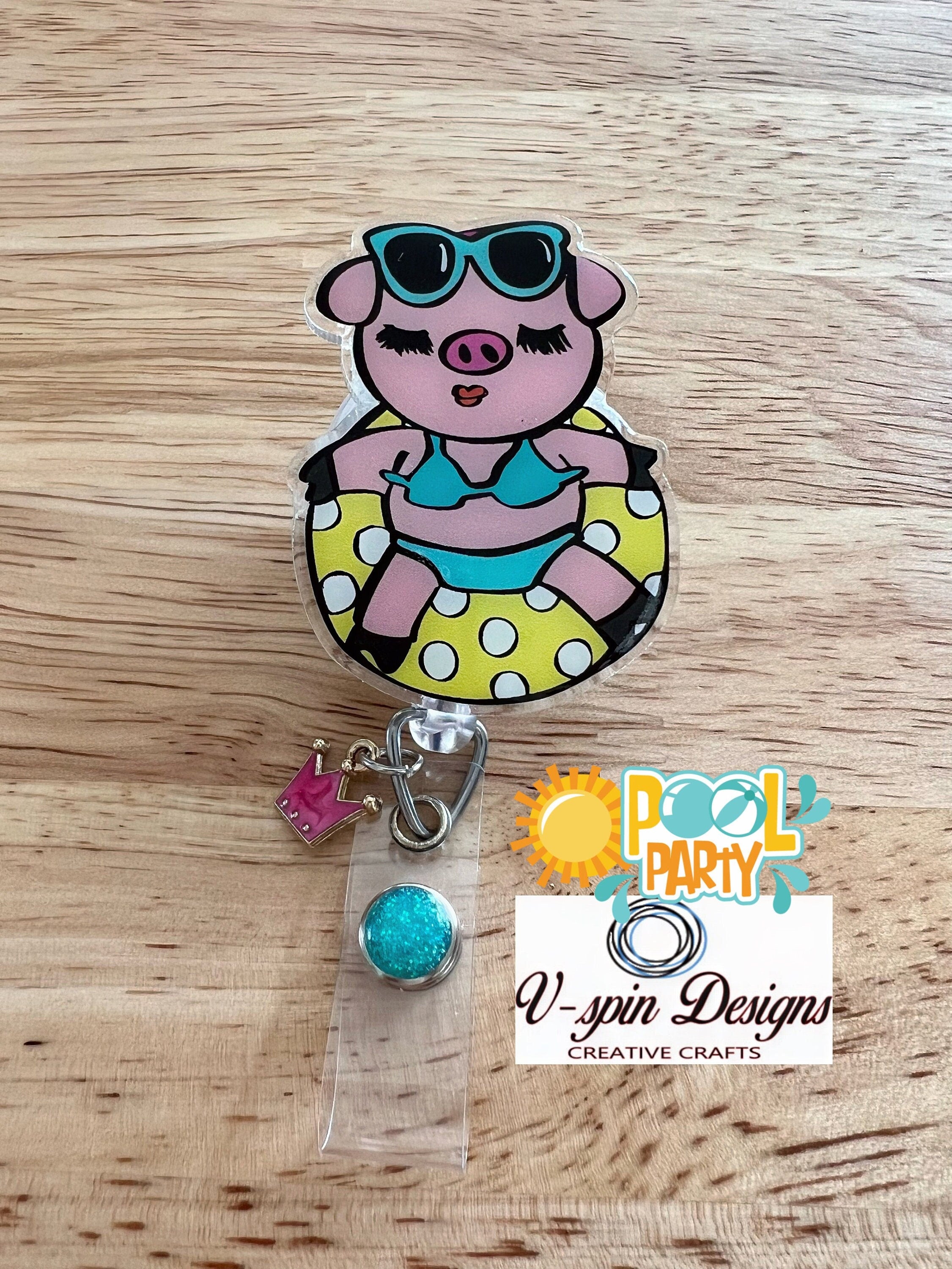 Summertime Piggy on a Pool Float Badge Reel | Summer Retractable Acrylic ID Holder