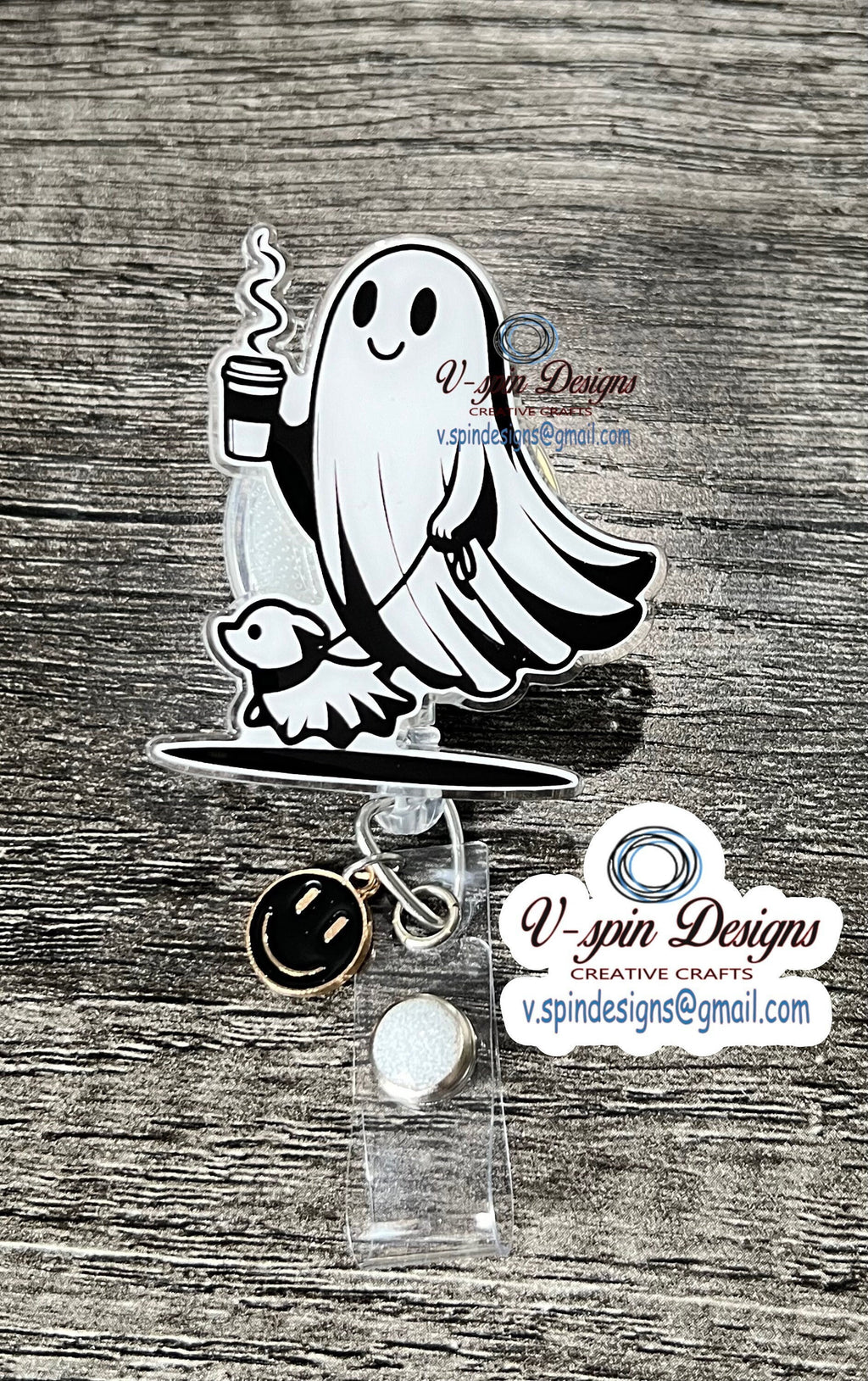 Ghost Walking Dog Badge Reel: Funny Halloween Coffee Acrylic ID Holder