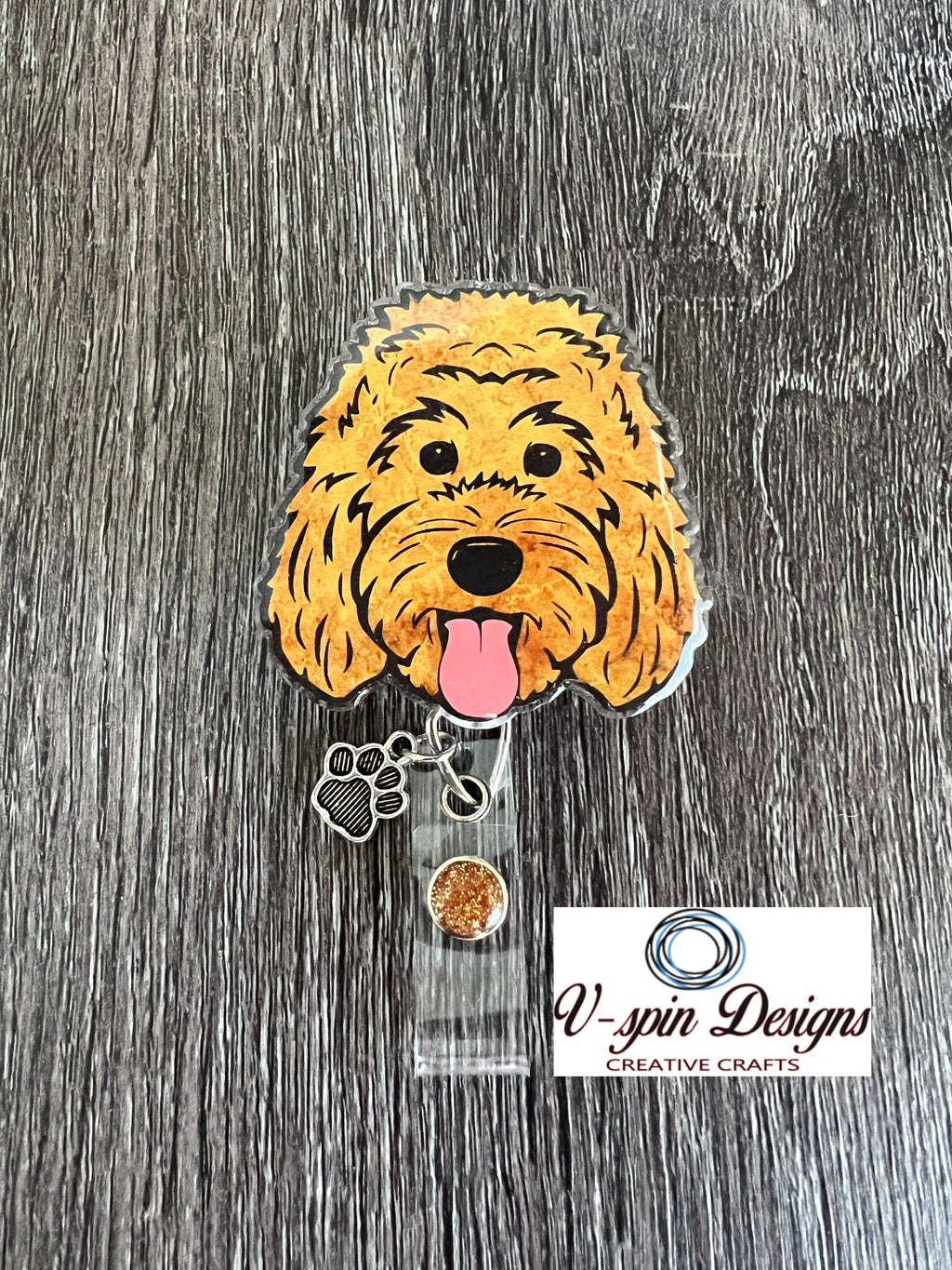 Golden Doodle Dog Badge Reel: Acrylic ID Holder with Paw Charm/dog badge reels/gift for nurses