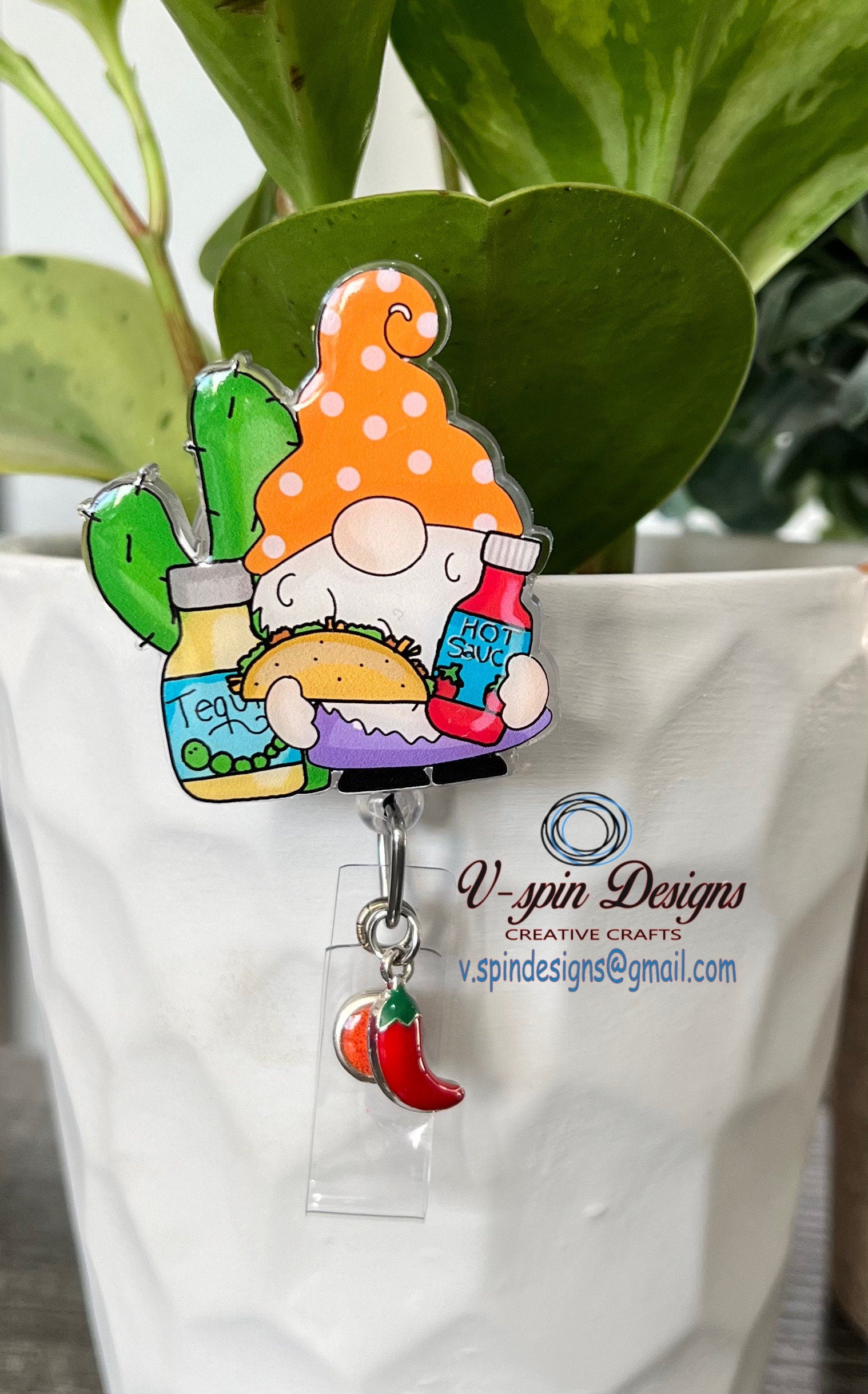 Acrylic Taco Gnome, Retractable badge reel/ID holder/nurses/card holder/teachers/food/gnome badge reels