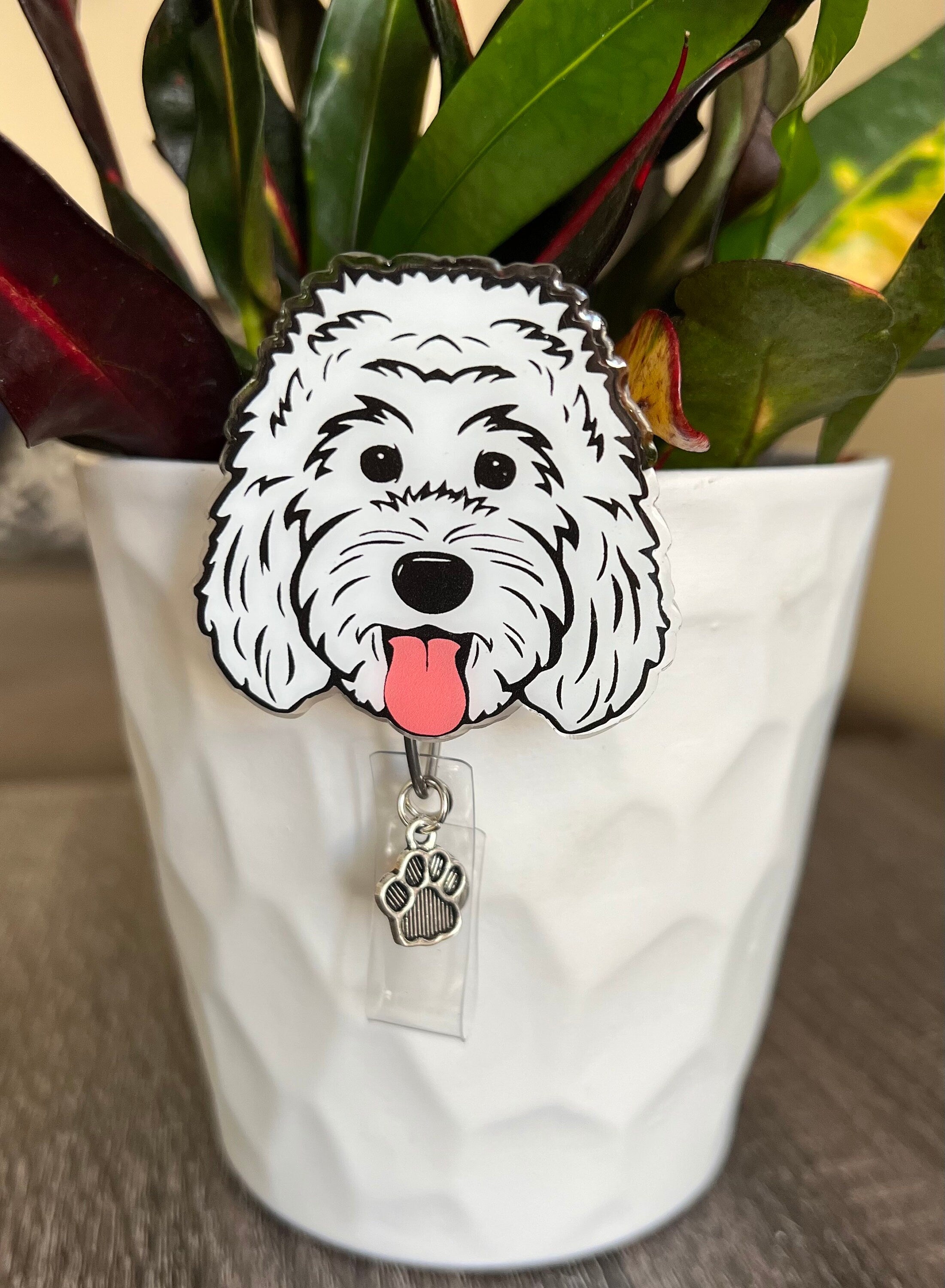 White Doodle Dog Badge Reel | Retractable Acrylic ID Holder