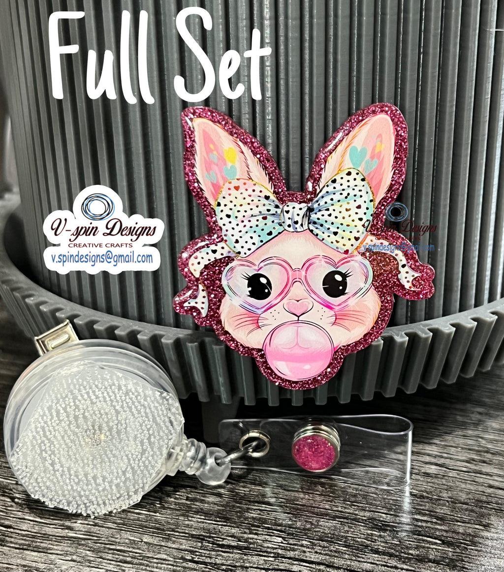 Easter Bunny Acrylic Badge Reel: Pink Glitter ID Holder