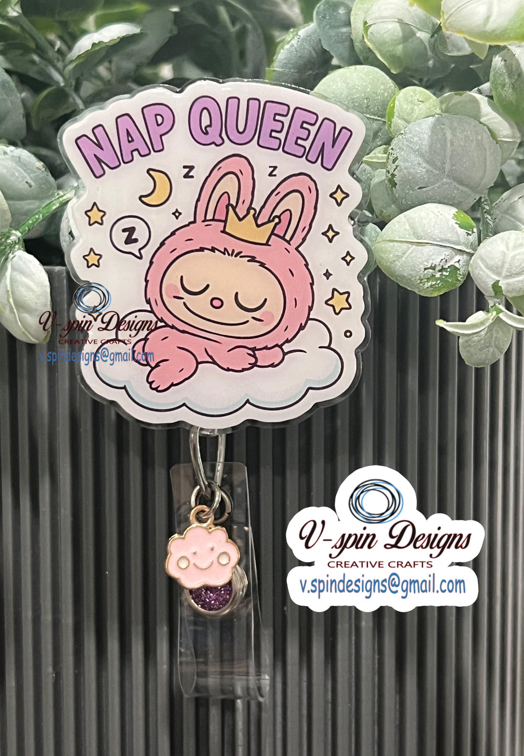 "Nap Queen" Little Monster Badge Reel | Funny Retractable Acrylic ID Holder