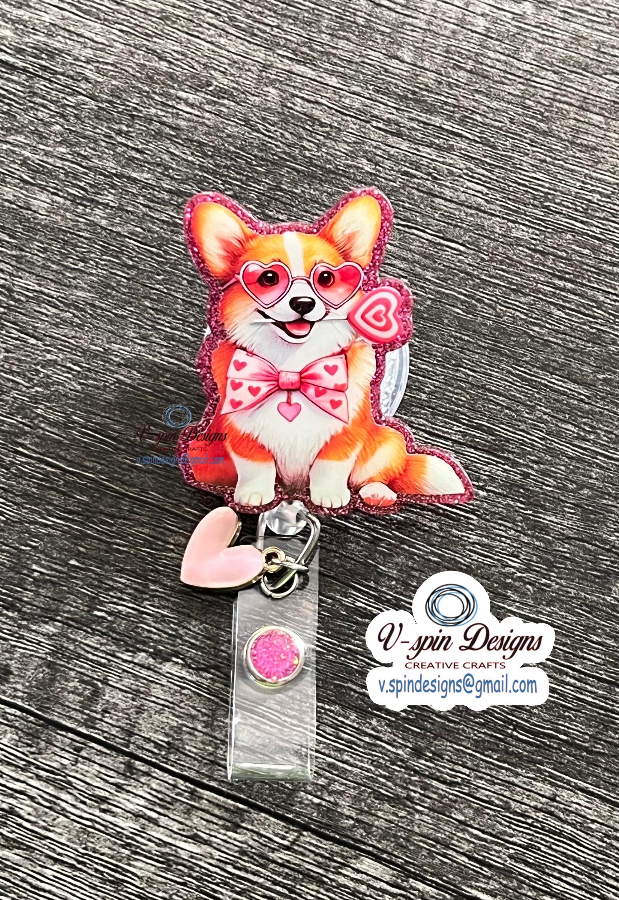 Corgi Valentine's Day Badge Reel | Pink Glitter Retractable Acrylic ID Holder
