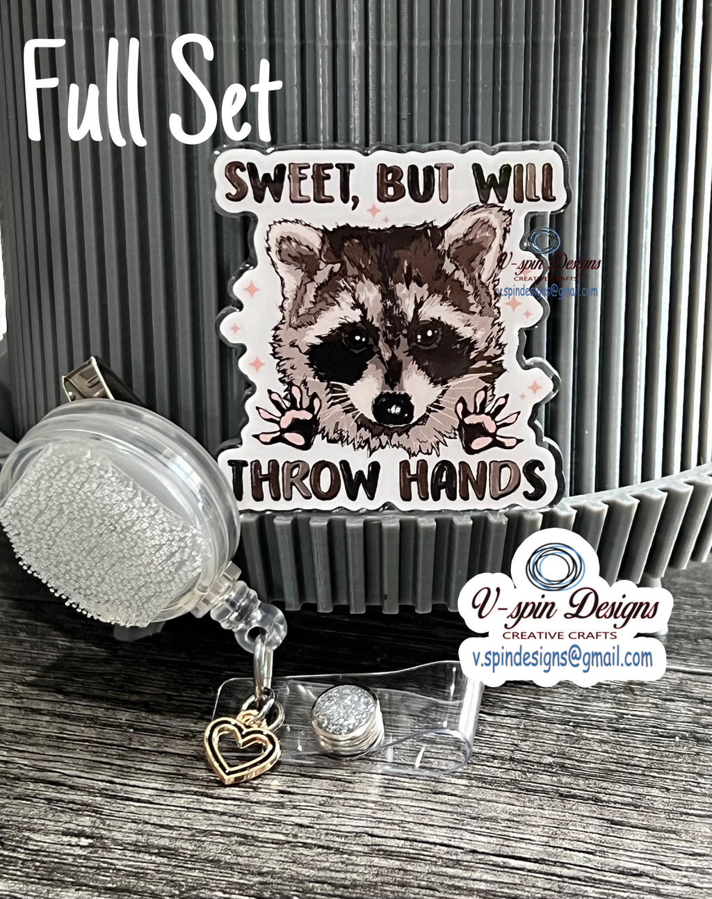 Funny Raccoon Badge Reel: "Sweet But Will Throw Hands" ID Holder