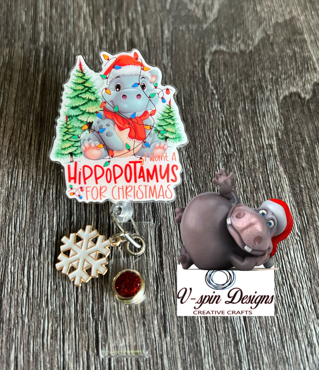 Hippopotamus Christmas Badge Reel: Holiday Retractable ID Holder