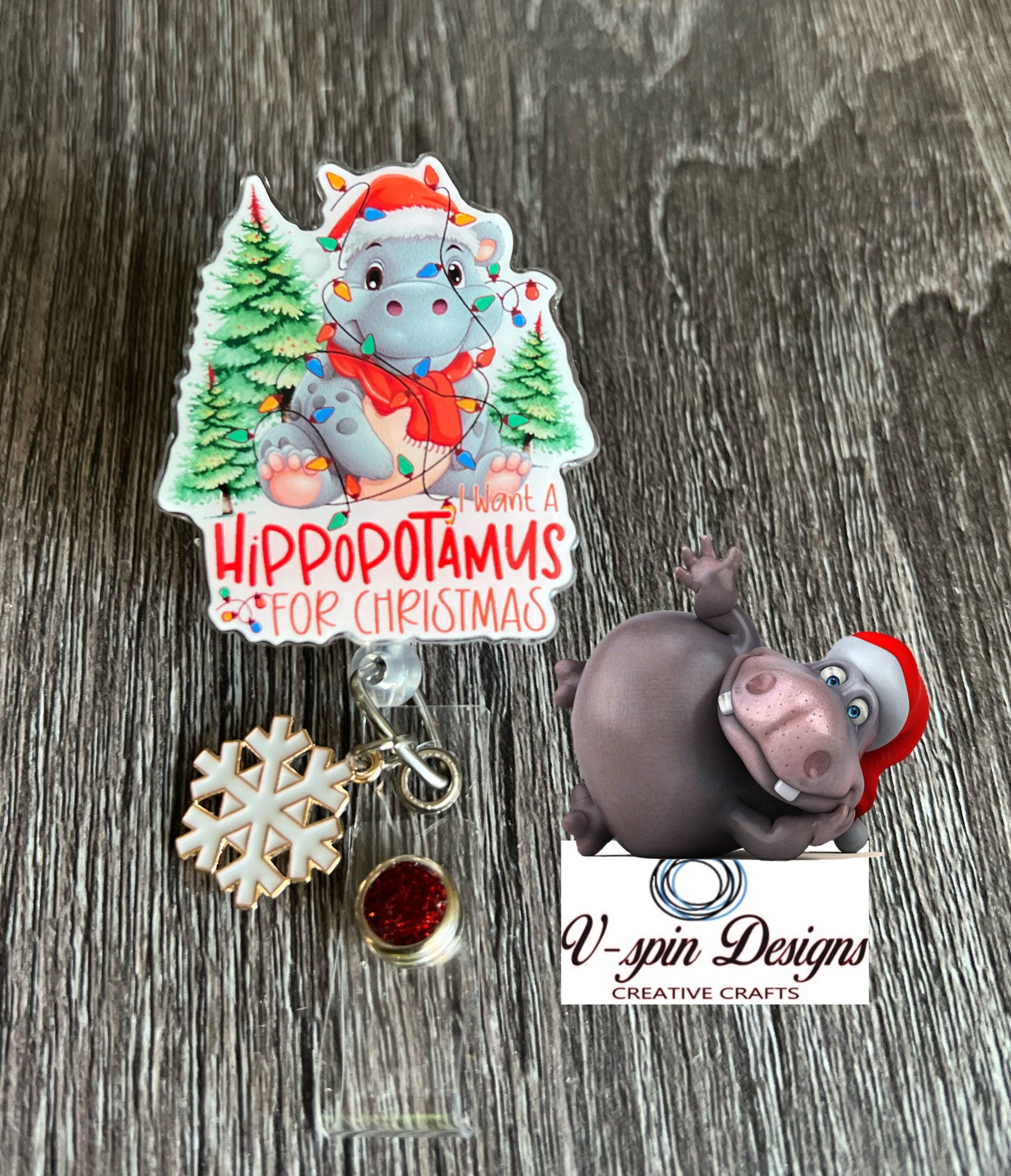 Hippopotamus Christmas Badge Reel: Holiday Retractable ID Holder