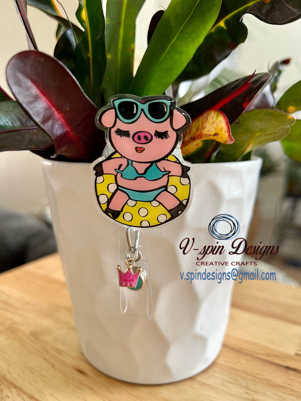 Summertime Piggy on a Pool Float Badge Reel | Summer Retractable Acrylic ID Holder
