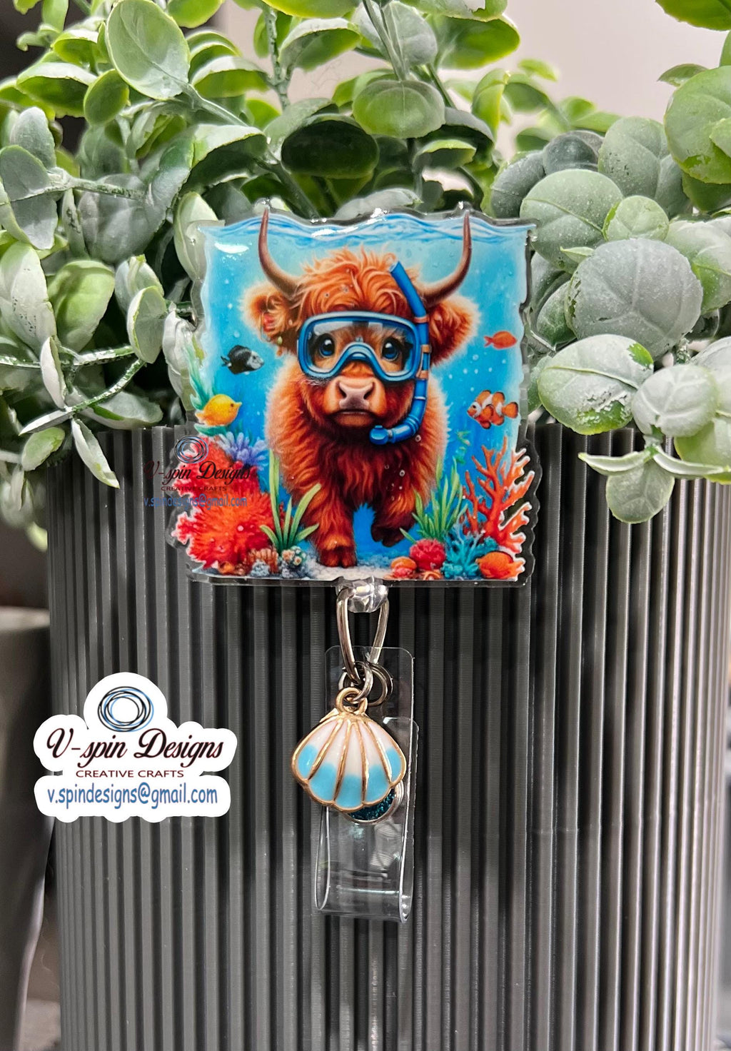 Snorkeling Highland Cow Badge Reel: Summer ID Holder