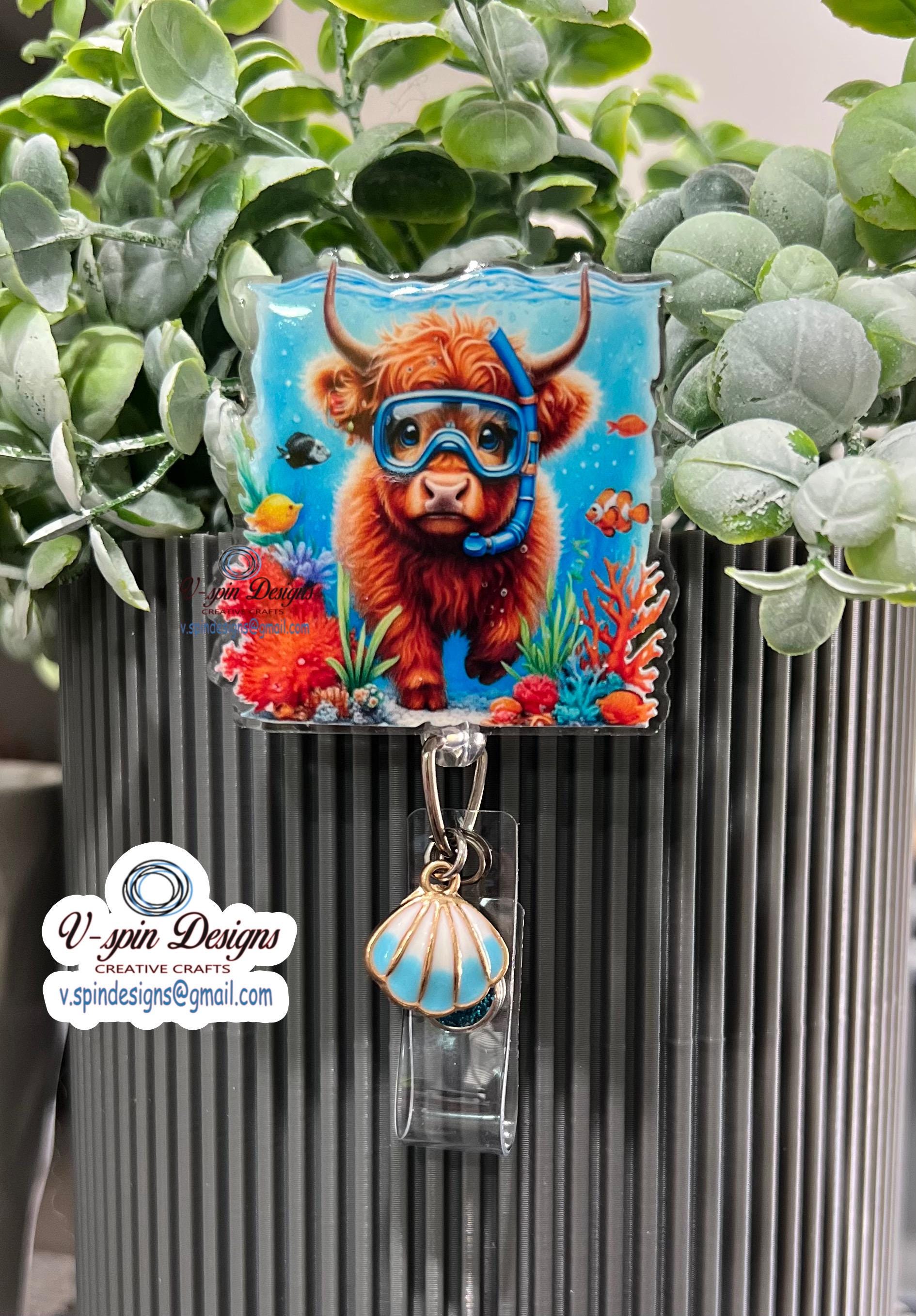 Snorkeling Highland Cow Badge Reel: Summer ID Holder