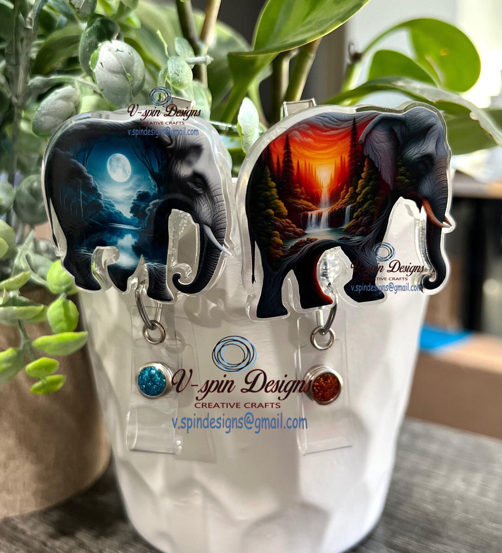 Elephant Badge reels, ID Holder, card holder, nurses, teachers, elephants, moon, waterfalls