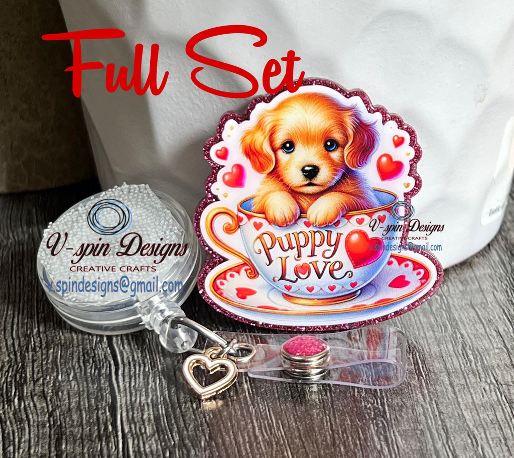 Golden Retriever Tea Cup Badge Reel | Valentine Puppy Retractable Acrylic ID Holder