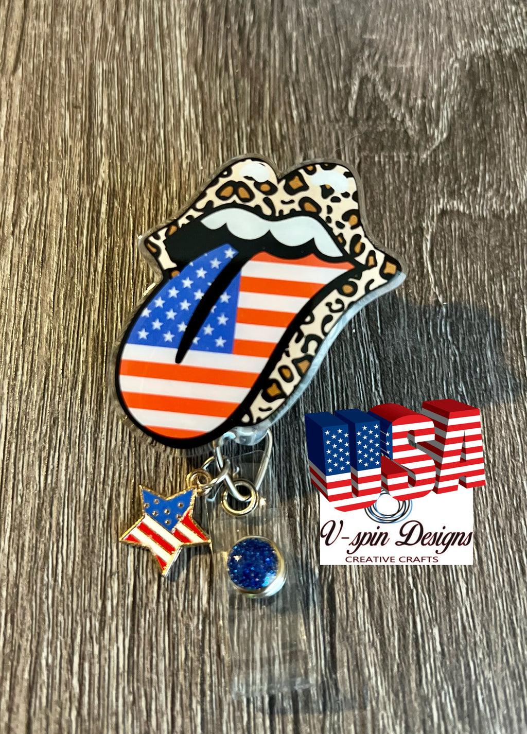 Patriotic Tongue & Lips Badge Reel | 4th of July Retractable Acrylic ID Holder