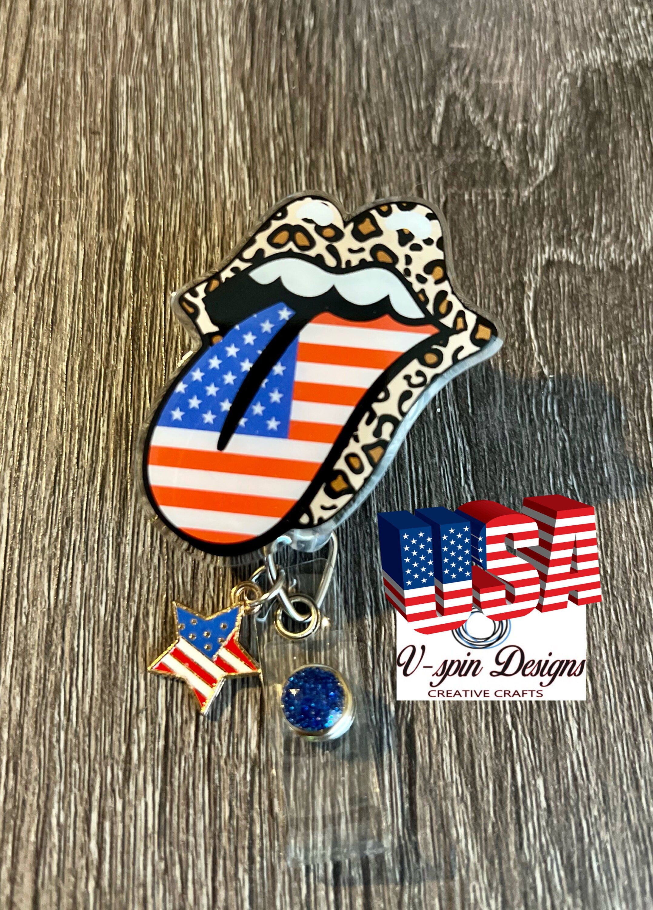 Patriotic Tongue & Lips Badge Reel | 4th of July Retractable Acrylic ID Holder