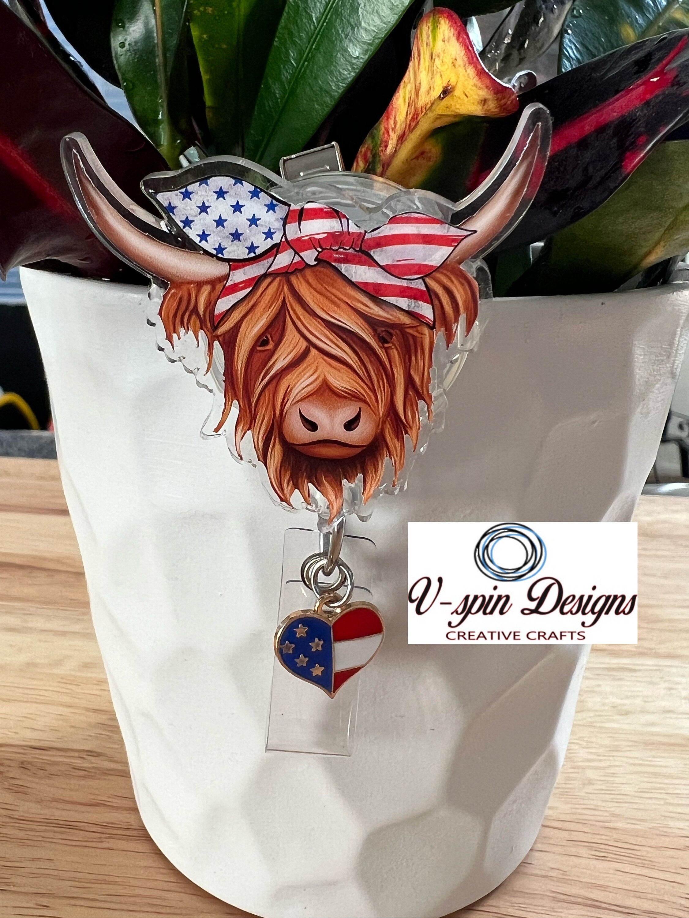 Patriotic Highland Cow Badge Reel | 4th of July Retractable Acrylic ID Holder