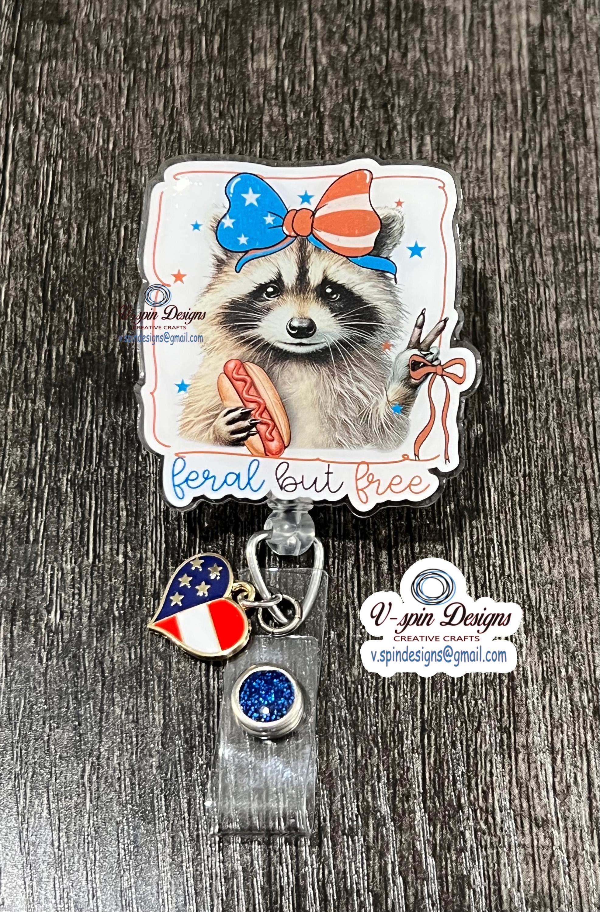 "Feral and Free" Patriotic Raccoon Badge Reel | 4th of July Retractable ID Holder