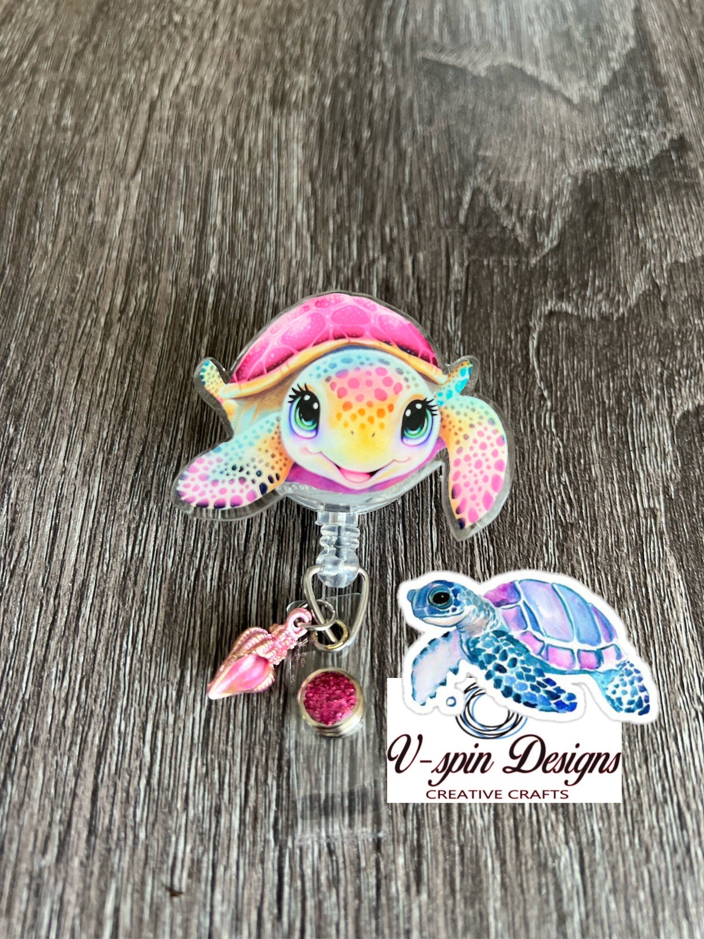 Pink Sea Turtle Badge Reel | Ocean Summer Retractable Acrylic ID Holder