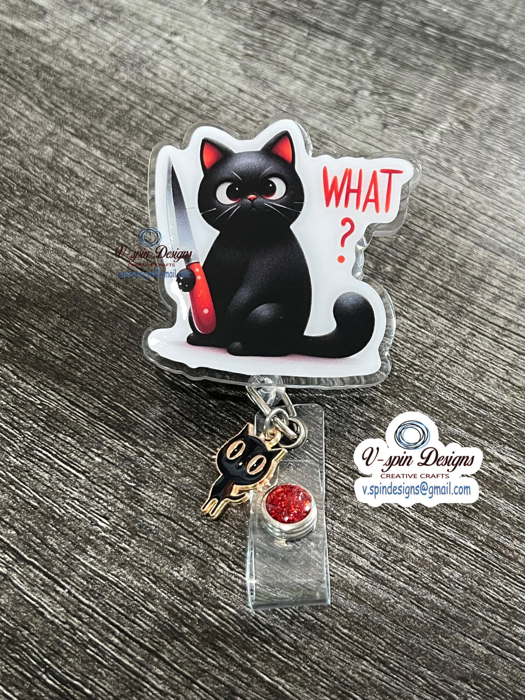 "What?" Black Cat Badge Reel | Funny Retractable Acrylic ID Holder