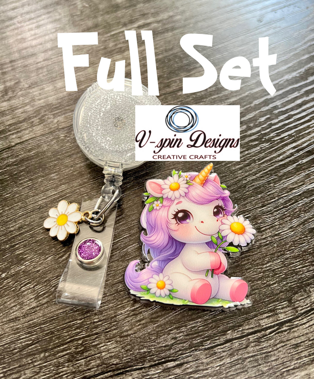 Unicorn Holding a Daisy Badge Reel | Retractable Acrylic ID Holder