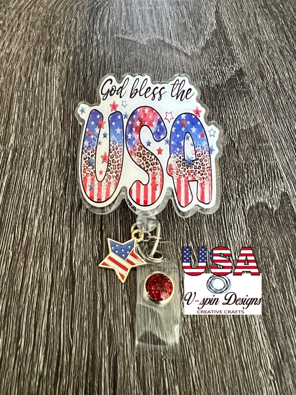"God Bless the USA" Patriotic Badge Reel | Retractable Acrylic ID Holder
