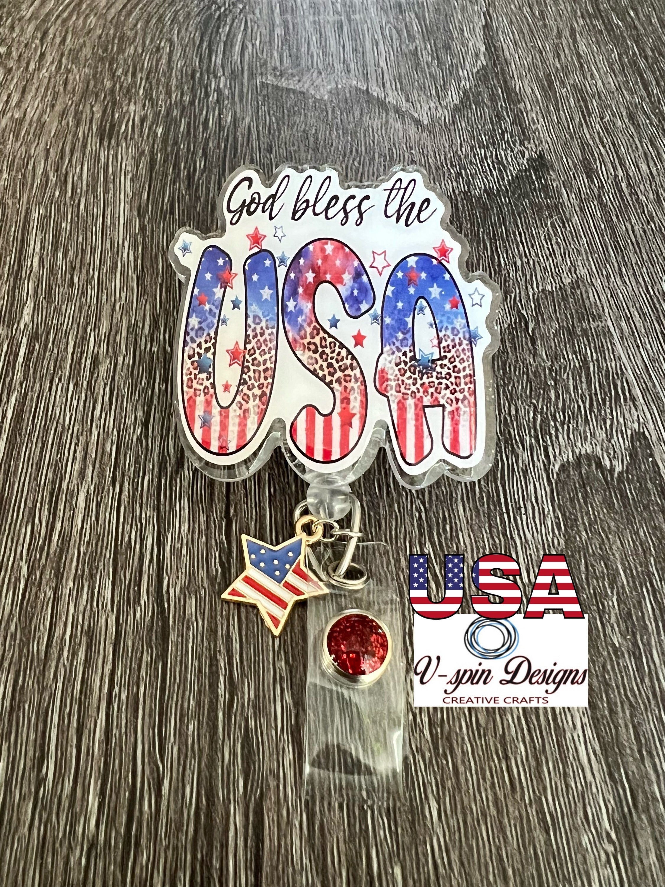 "God Bless the USA" Patriotic Badge Reel | Retractable Acrylic ID Holder