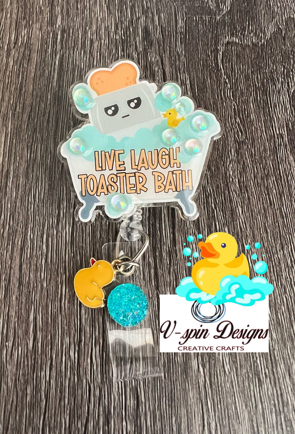 Live Laugh Toaster Bath Badge Reel: Funny Retractable Acrylic ID Holder