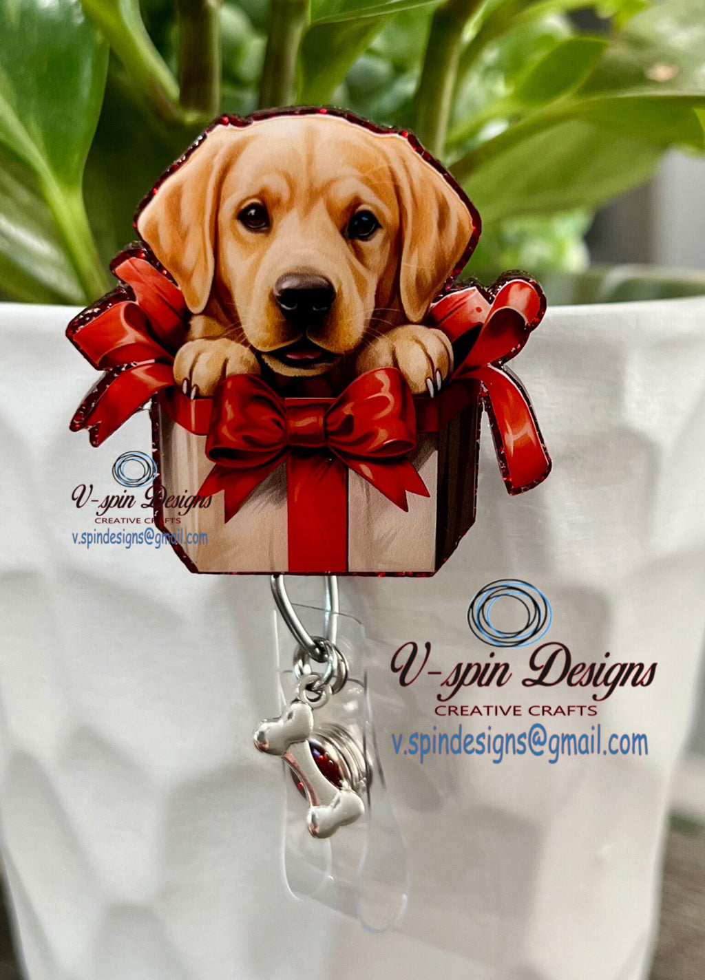 Labrador Retriever Christmas Puppy Badge Reel | Holiday Retractable Acrylic ID Holder