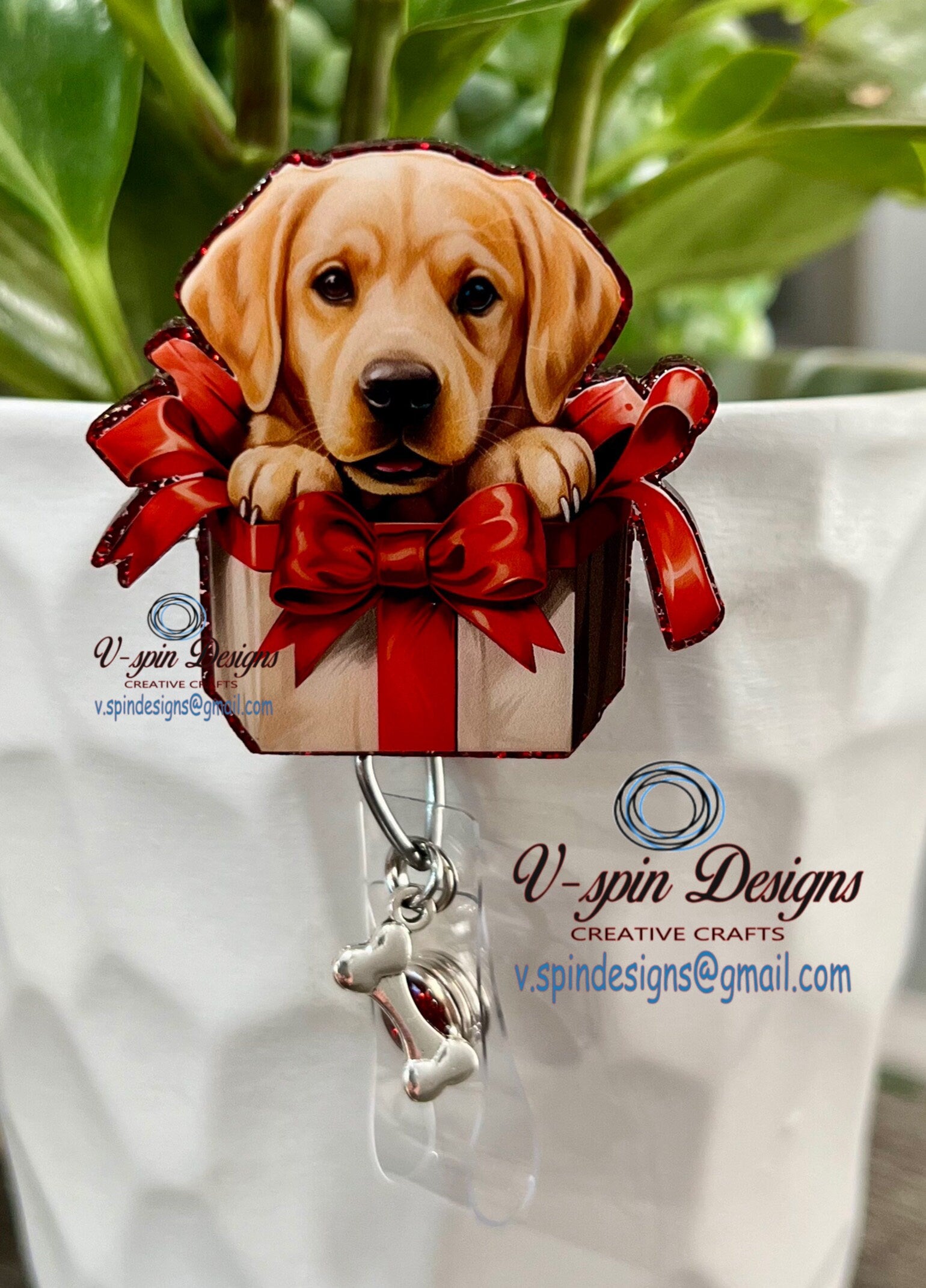 Labrador Retriever Christmas Puppy Badge Reel | Holiday Retractable Acrylic ID Holder