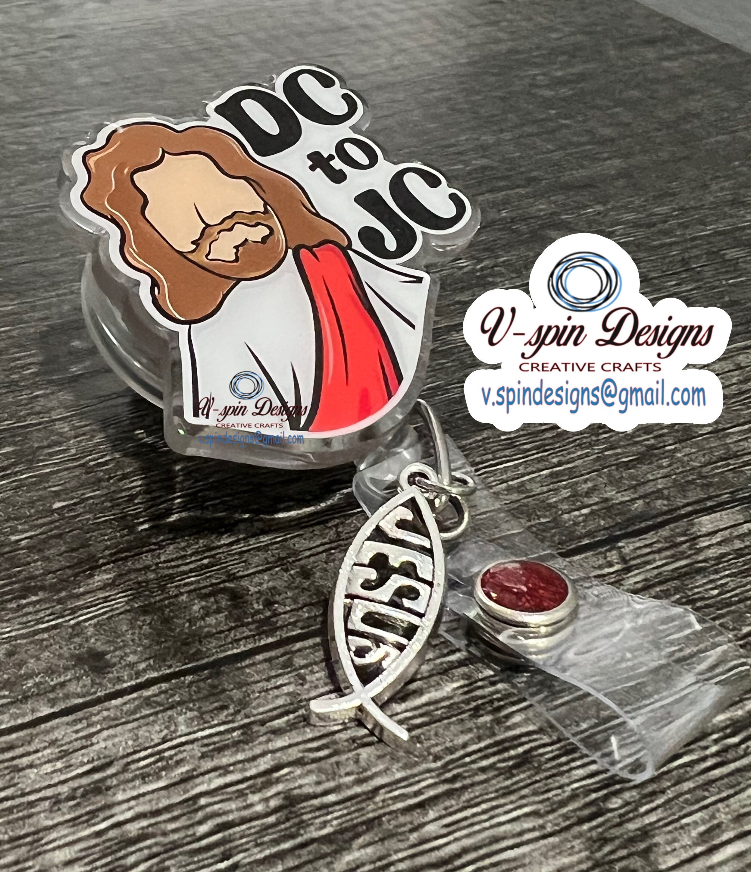 "DC to JC" Badge Reel | Funny Religious Retractable Acrylic ID Holder