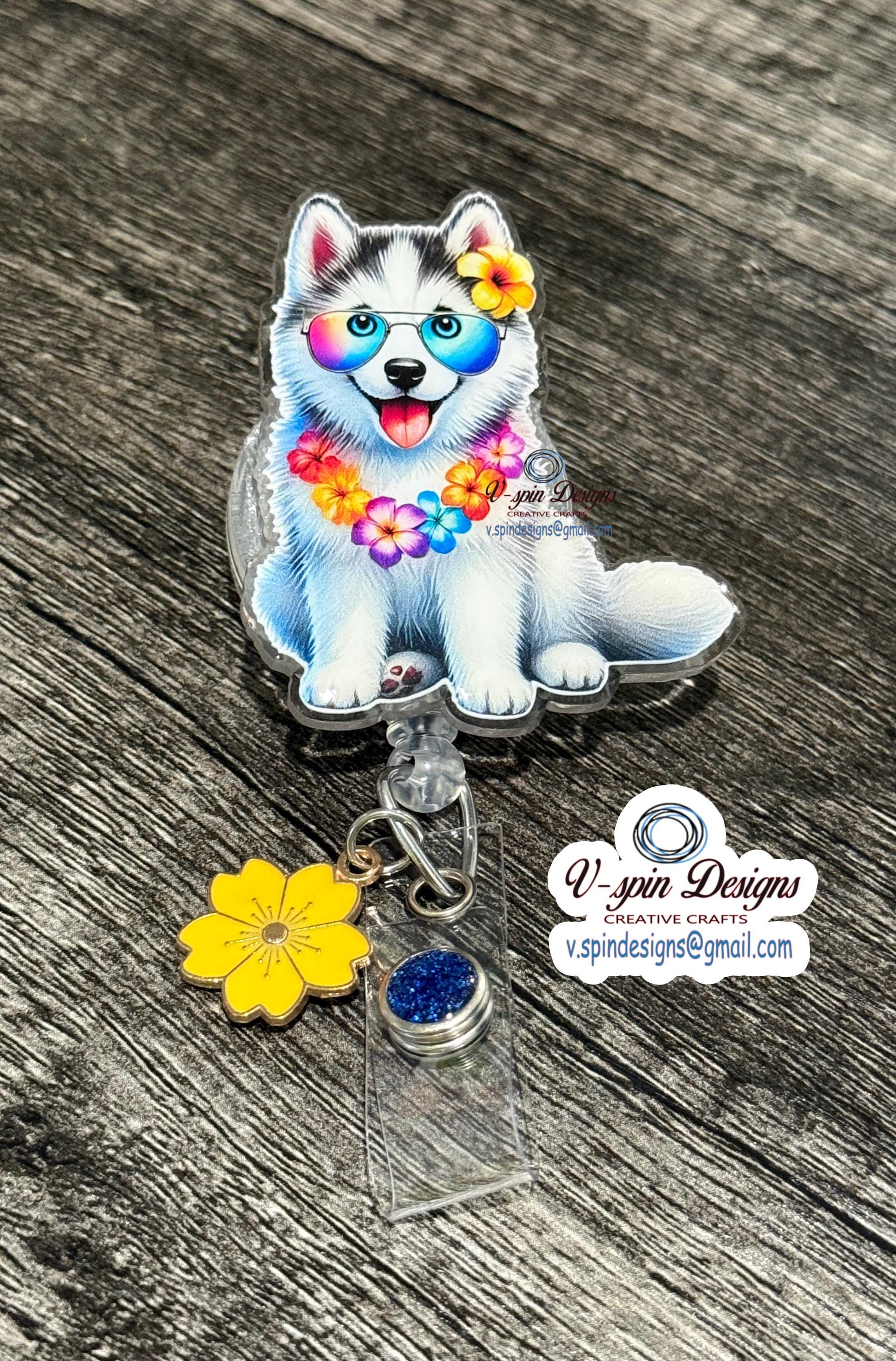 Summer Husky Dog Badge Reel | Retractable Acrylic ID Holder