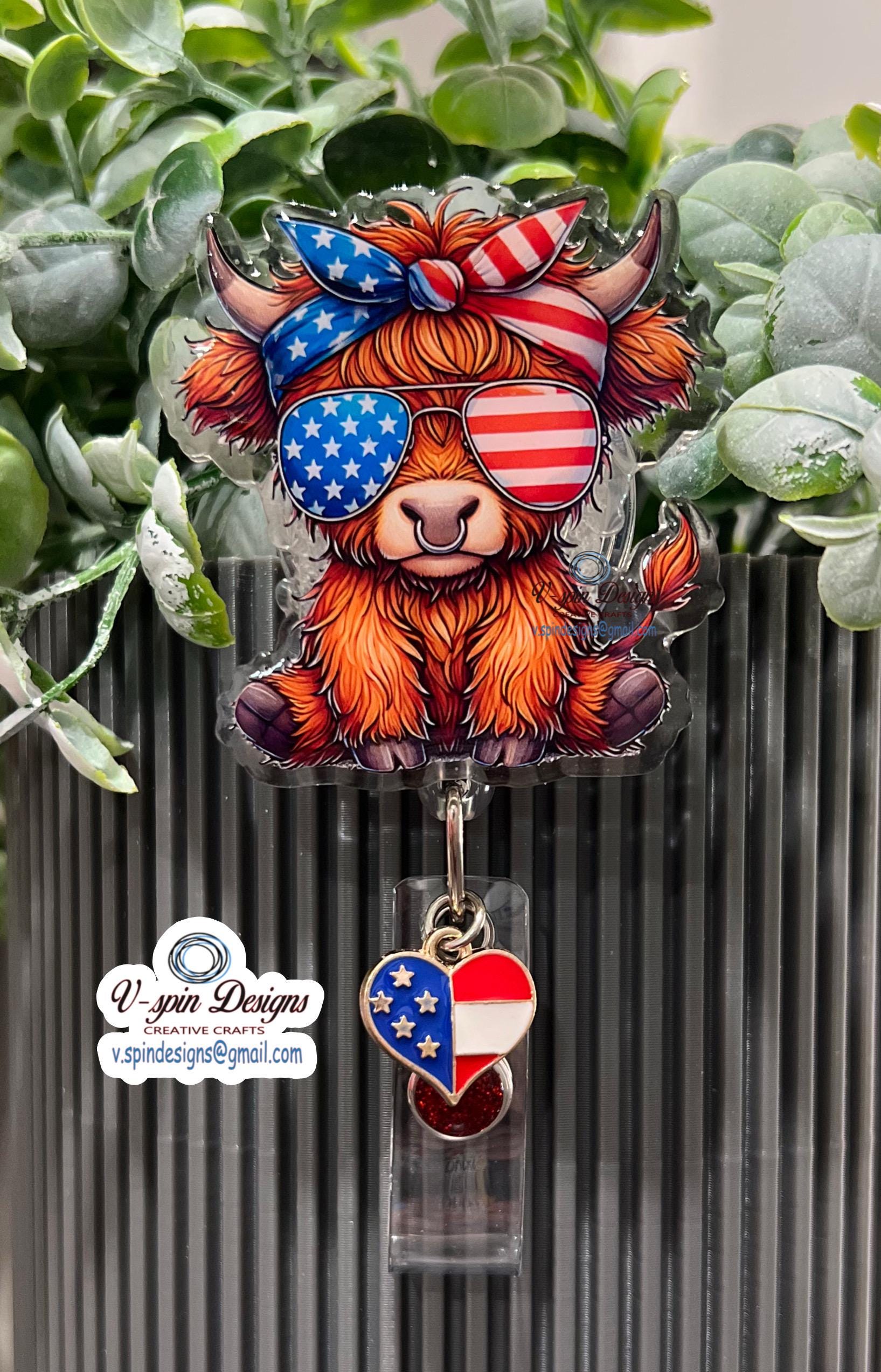 Sassy Highland Cow 4th of July Badge Reel | Patriotic Retractable Acrylic ID Holder
