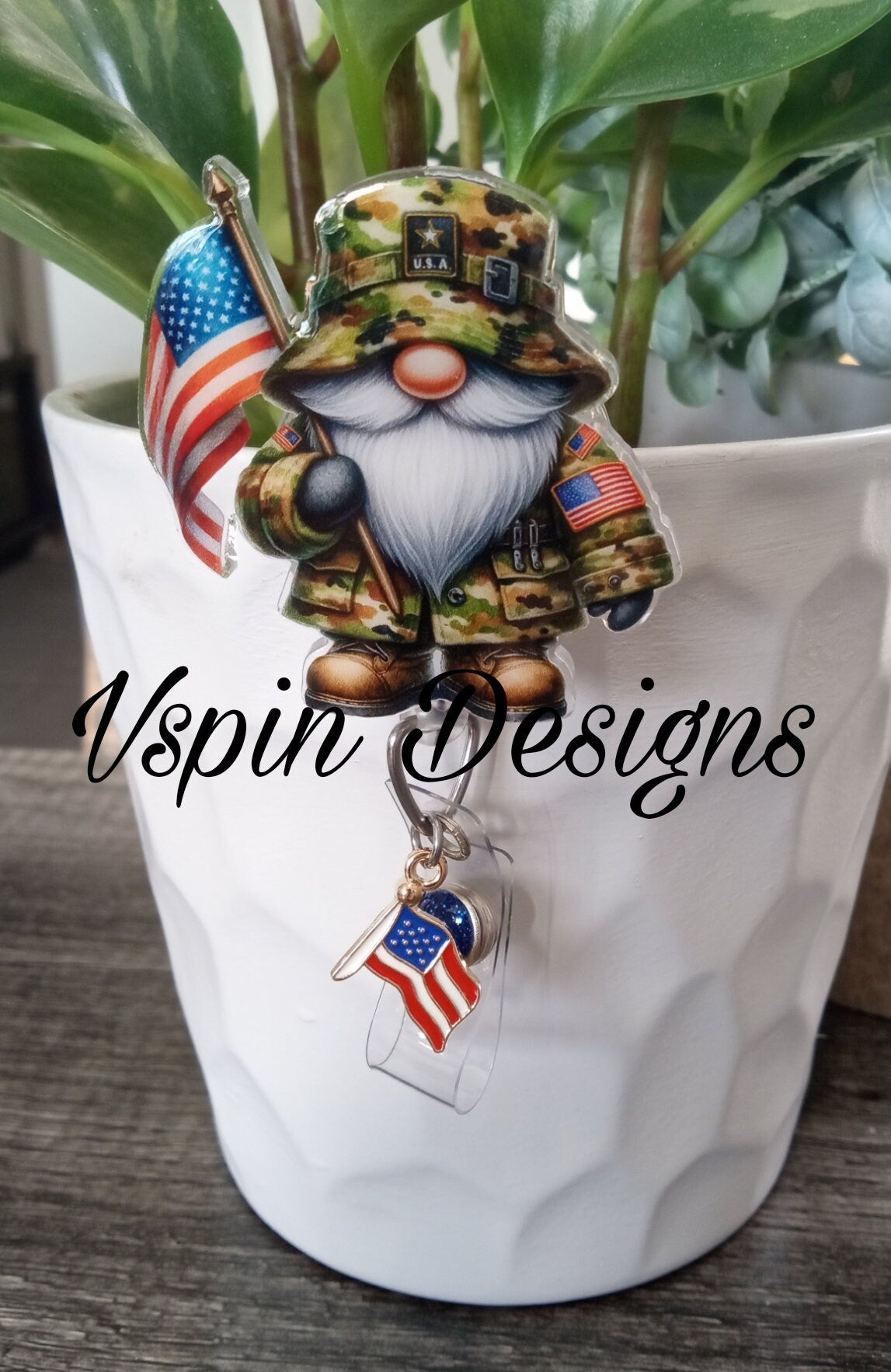 Military Gnome with Flag, badge reel/ID Holder/card holder/teachers/nurses/Hero/army/VA